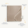 A Organic Cotton Muslin Blanket in a light beige color, highlighted with text labels such as "light weight & ultra soft," "50 gauze," "certified organic cotton," and "generously sized," with an arrow pointing to its texture. Brand Name: Makemake Organics