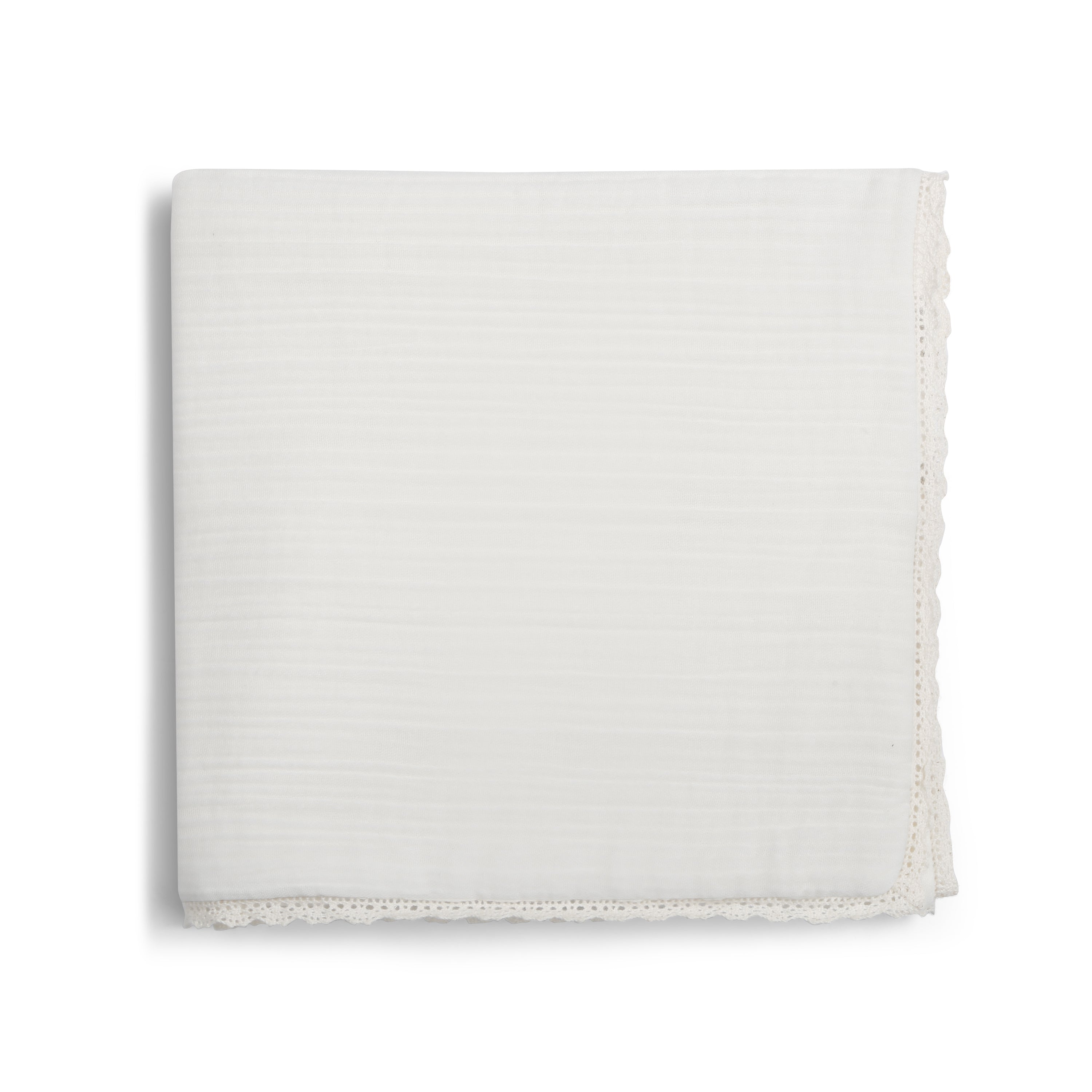 White folded Organic Cotton Muslin Blanket - Ivory + Ivory Lace, displayed on a plain white background by Makemake Organics.