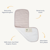 An infographic displaying a two-sided Makemake Organics Organic Cotton Muslin Burp Cloth in Blush Oat & Pecan; one side is labeled "100% organic muslin," and the other "absorbent terry back." text highlights "naturally hypoallergenic" and "generously sized.