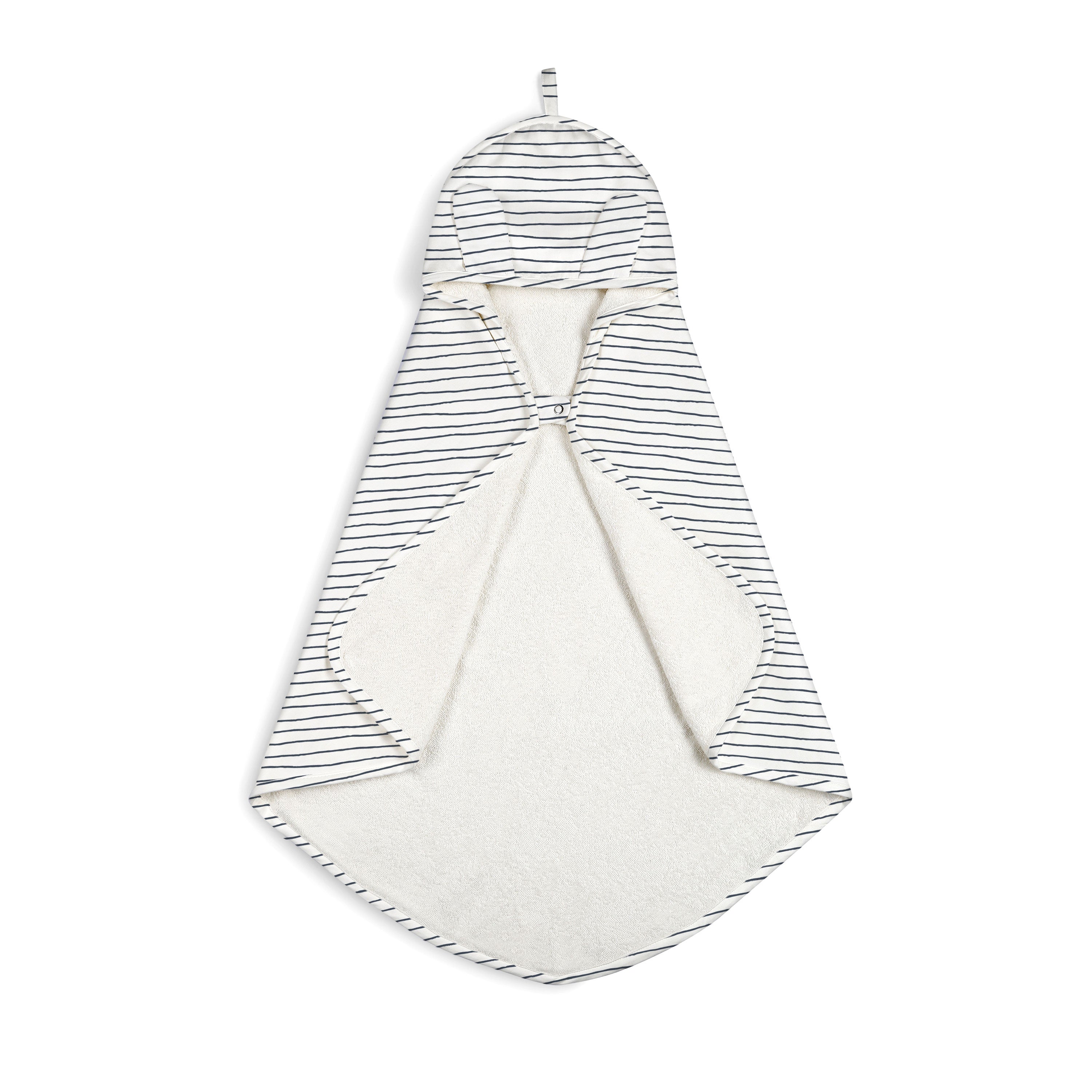 A Makemake Organics striped baby sleep sack with a zipper and a simple closure at the top, displayed against a white background.