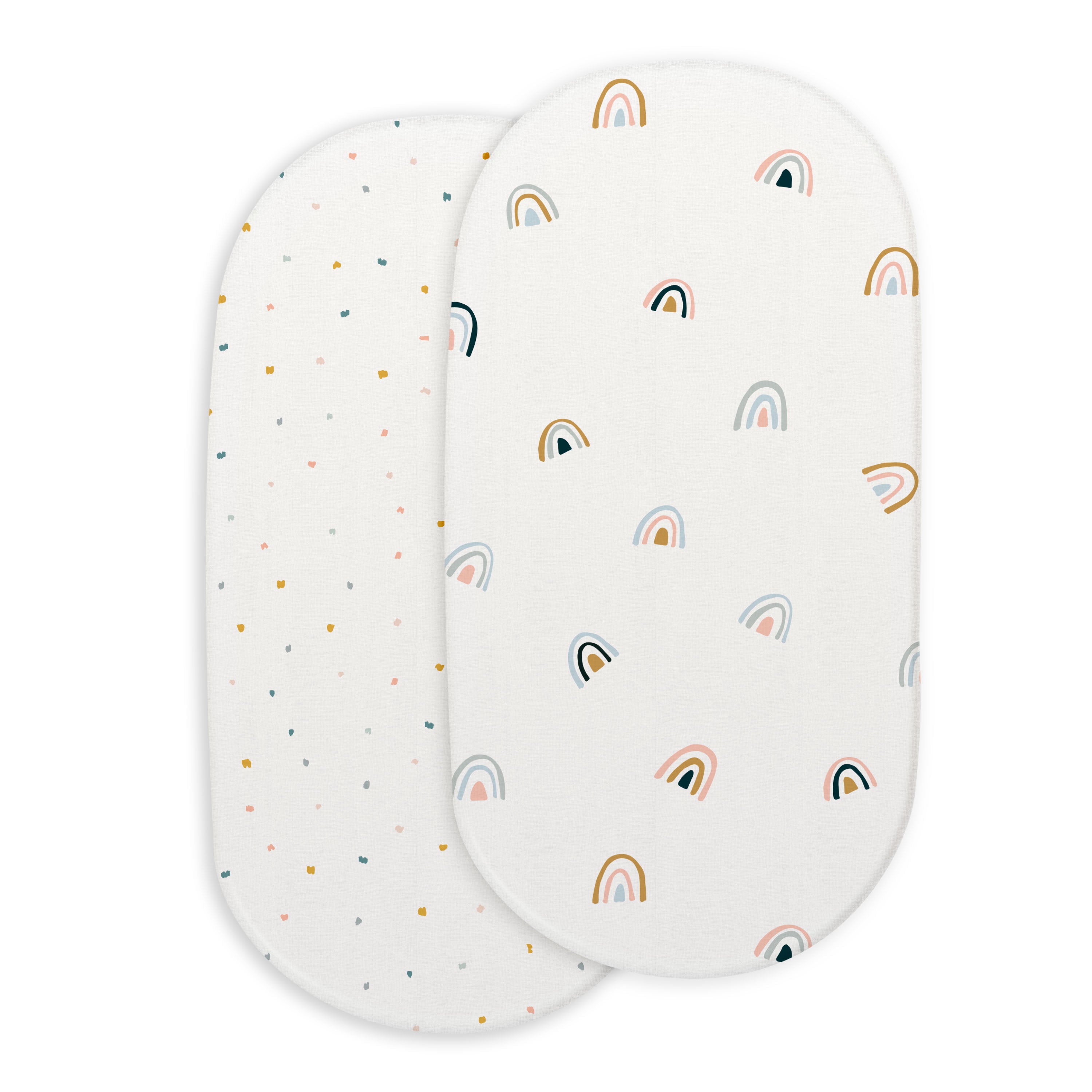 Two oval-shaped burp cloths with different patterns; one featuring multicolored rainbows on a white background, and the other with a confetti pattern of colored dots on white - Makemake Organics Bassinet Fitted Sheet - Dotty & Rainbow.