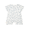 A white toddler romper with a blue floral pattern, displayed on a plain background. Organic Muslin Short Bubble Romper in Periwinkle by Makemake Organics.