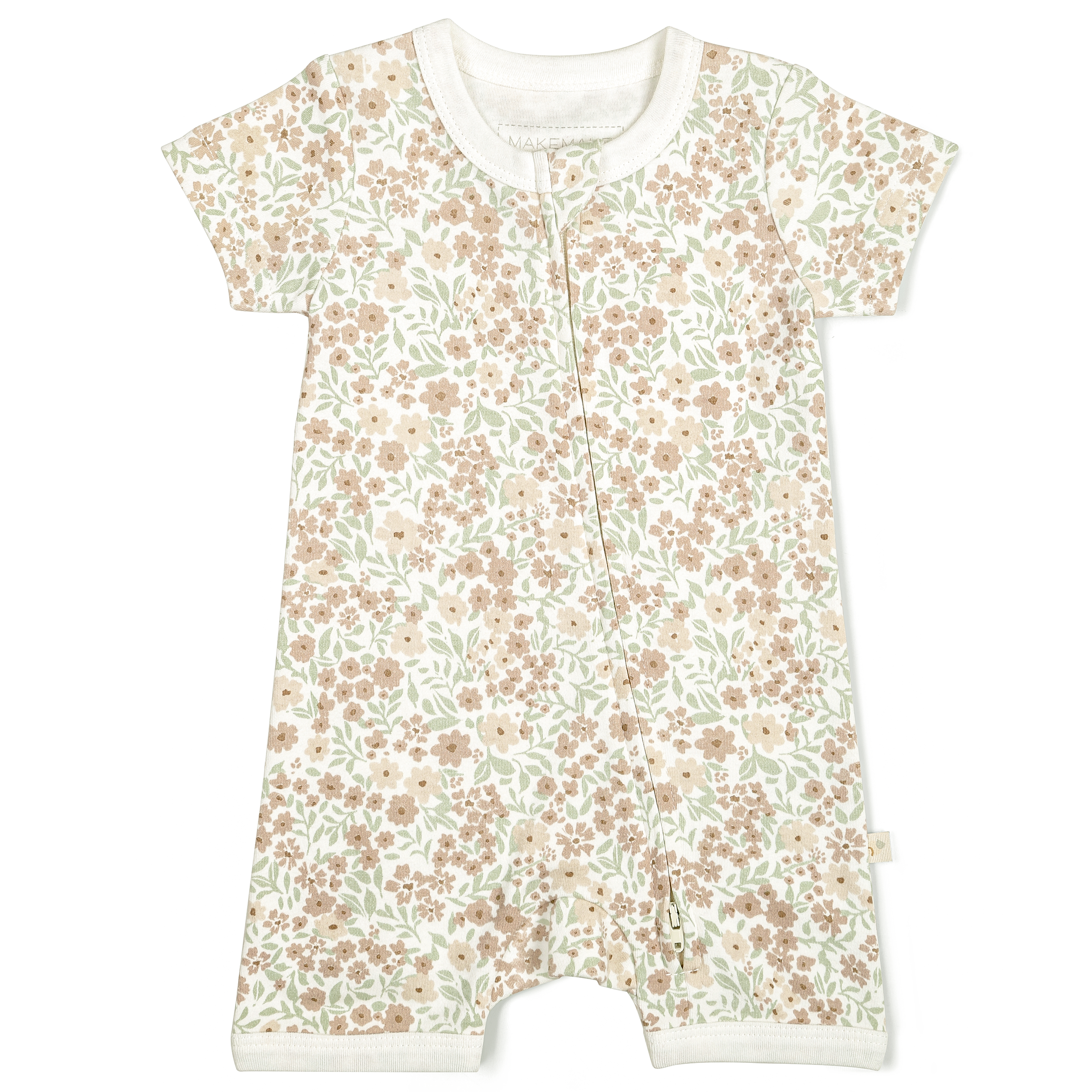 An Organic Short Zip Romper - Summer Floral infant onesie from Makemake Organics, with a floral pattern in shades of beige, brown, and green, featuring short sleeves and a front zipper, laid flat on a white background. Suitable for a baby girl.