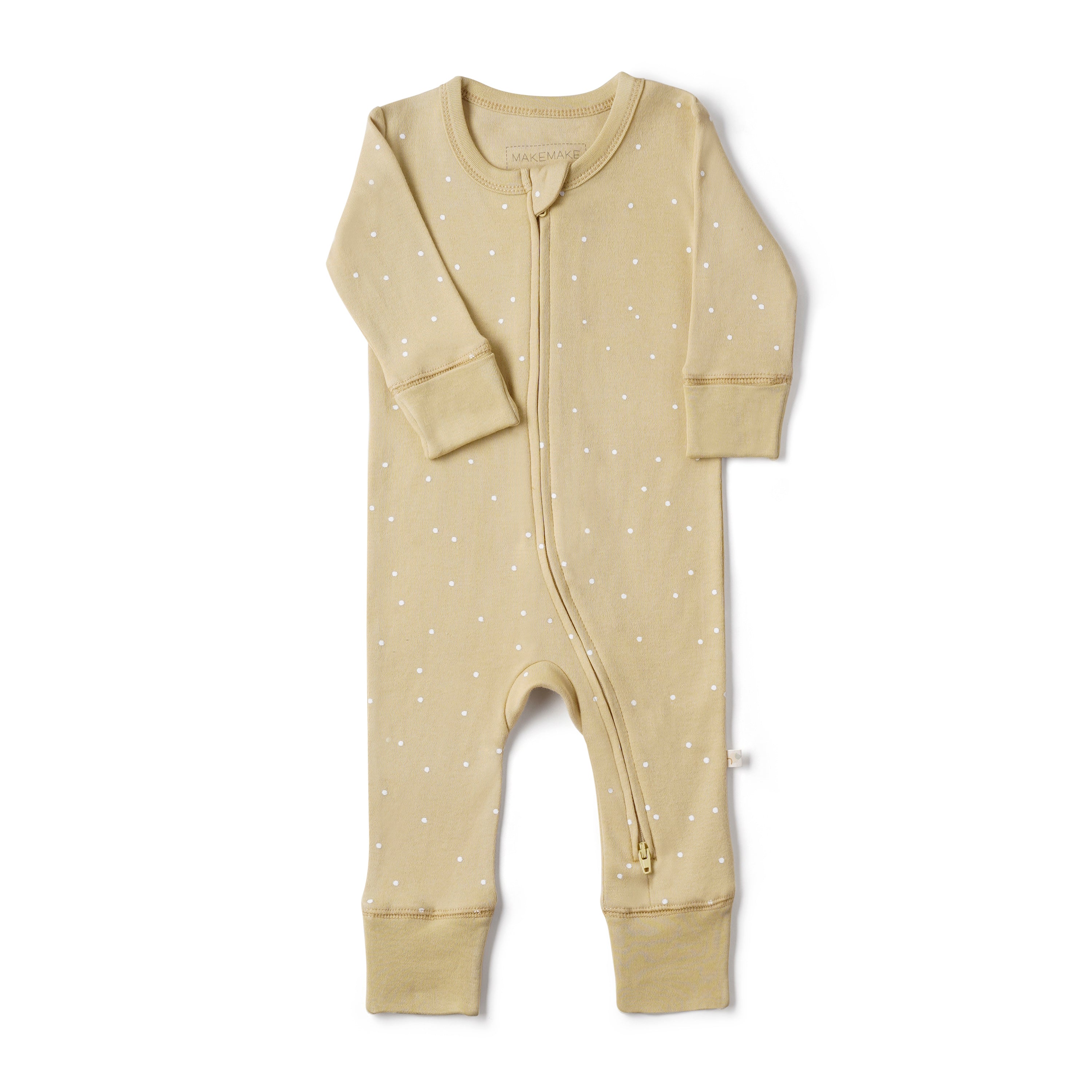 A Organic Baby Yellowstone Organic 2-Way Zip Romper, pale yellow with tiny white polka dots displayed flat against a white background.