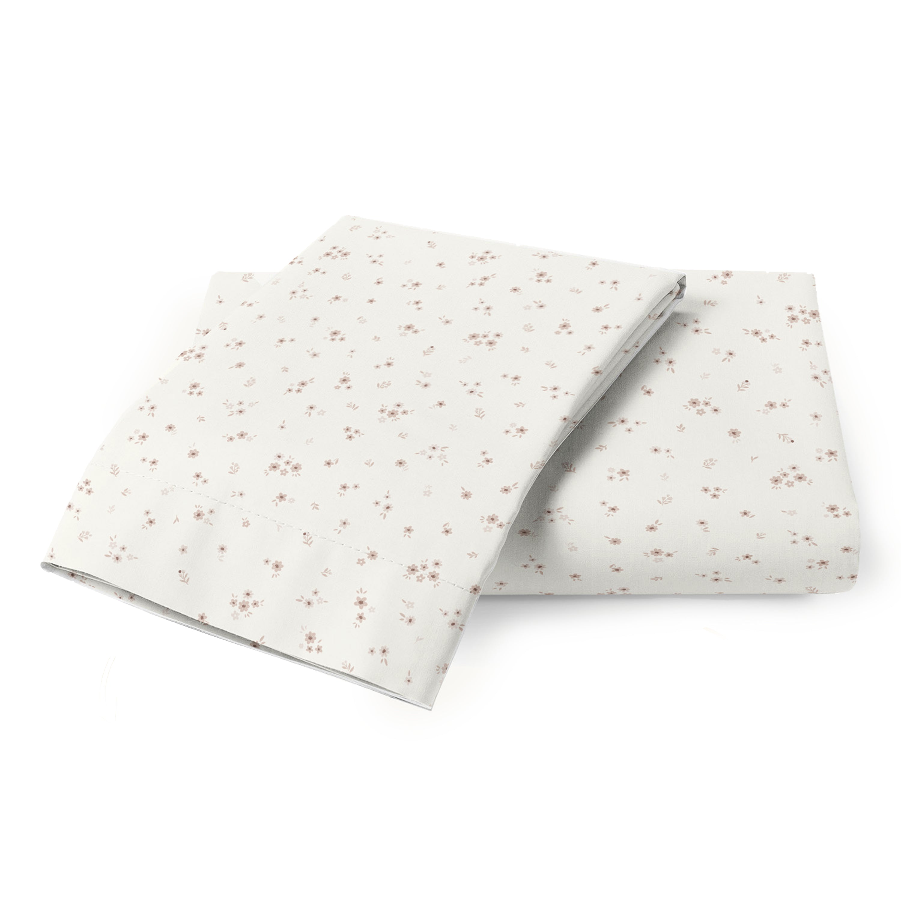 Two folded floral bedsheets with a small, delicate pink and brown flower pattern on a white background, presented on a light surface made of Makemake Organics' Organic Cotton Toddler Pillowcase - Bloom.