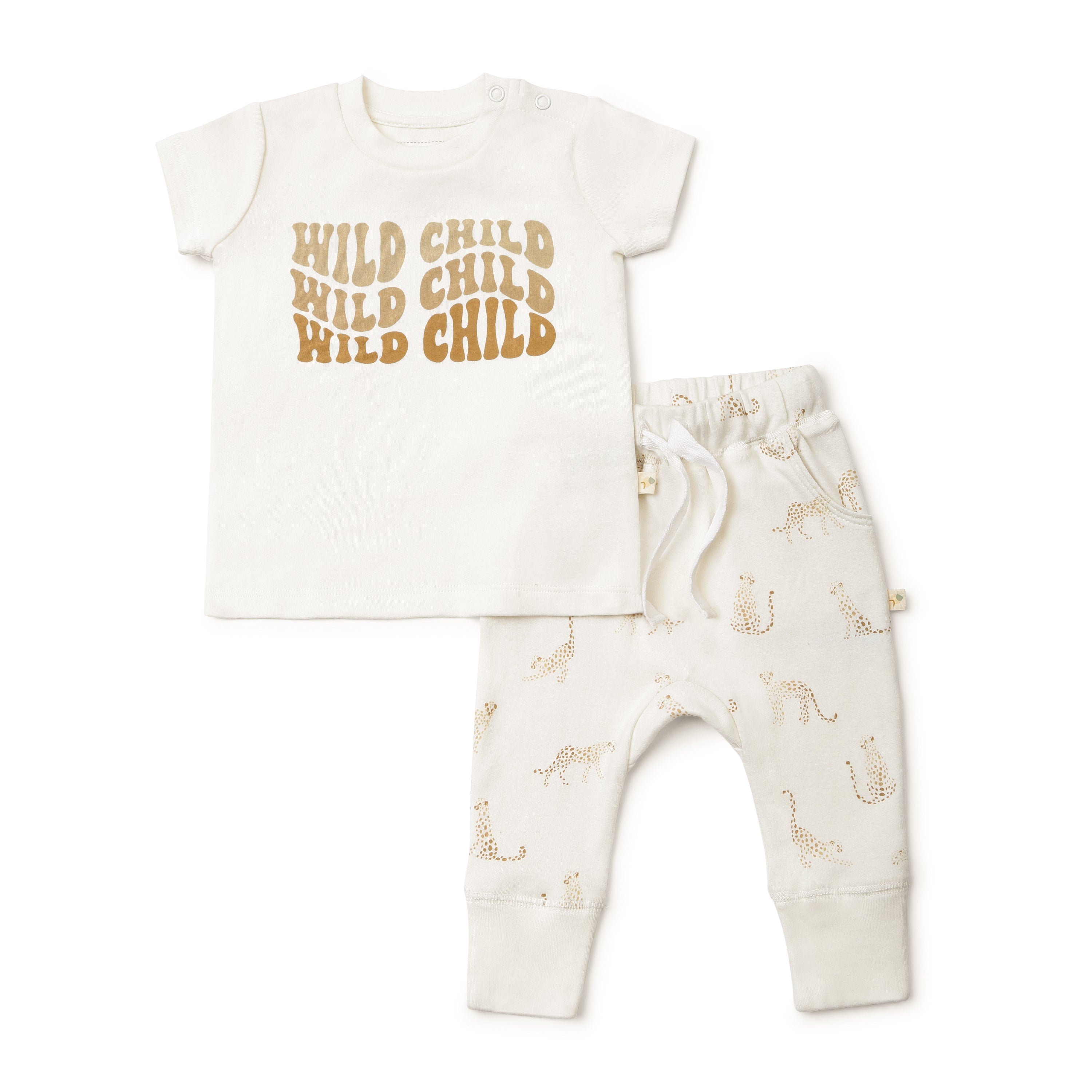 A white baby outfit by Organic Kids consisting of an Organic Tee & Pants Set - Wild Child displayed on a plain background.