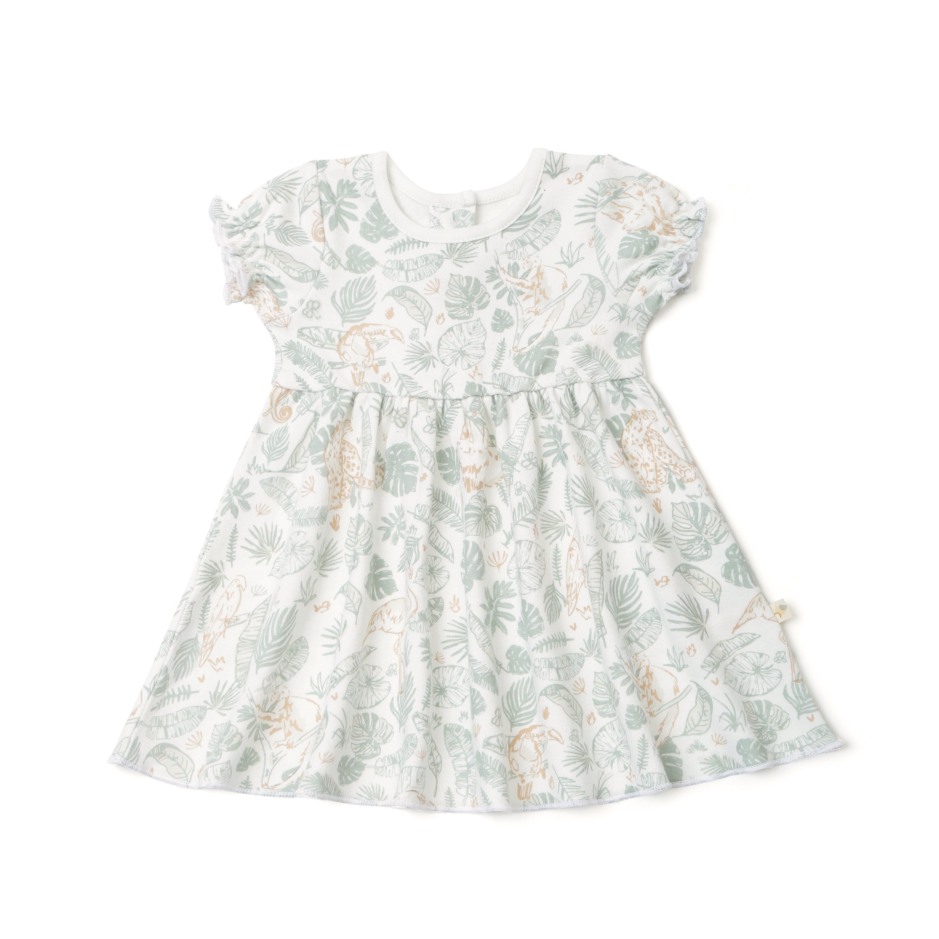 A toddler's Organic Puff Sleeve Dress in Wild Safari print from Organic Kids, neatly displayed isolated on a white background.