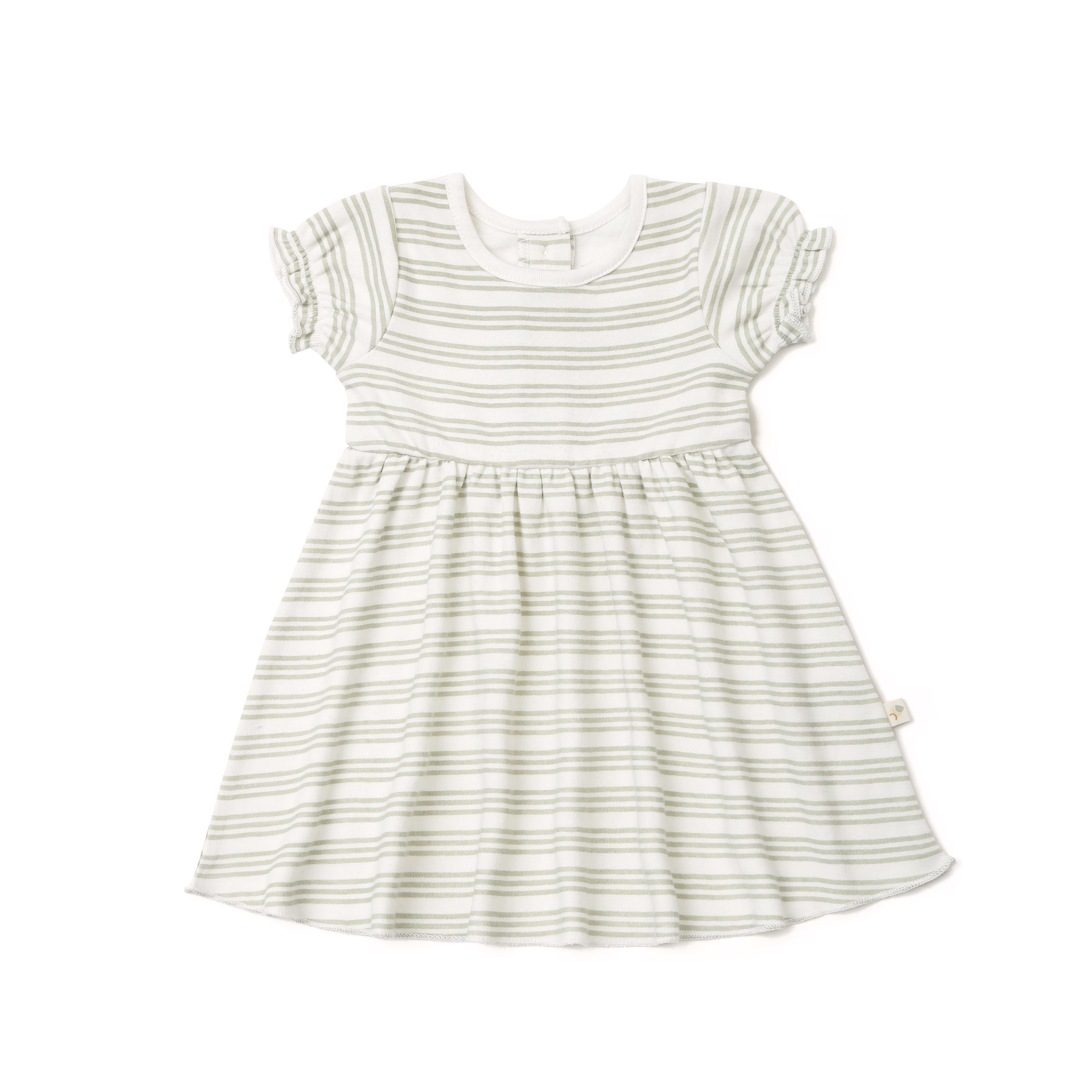 A green and white striped toddler's dress from Organic Kids with short, ruffled sleeves and a gathered skirt, displayed against a white background.