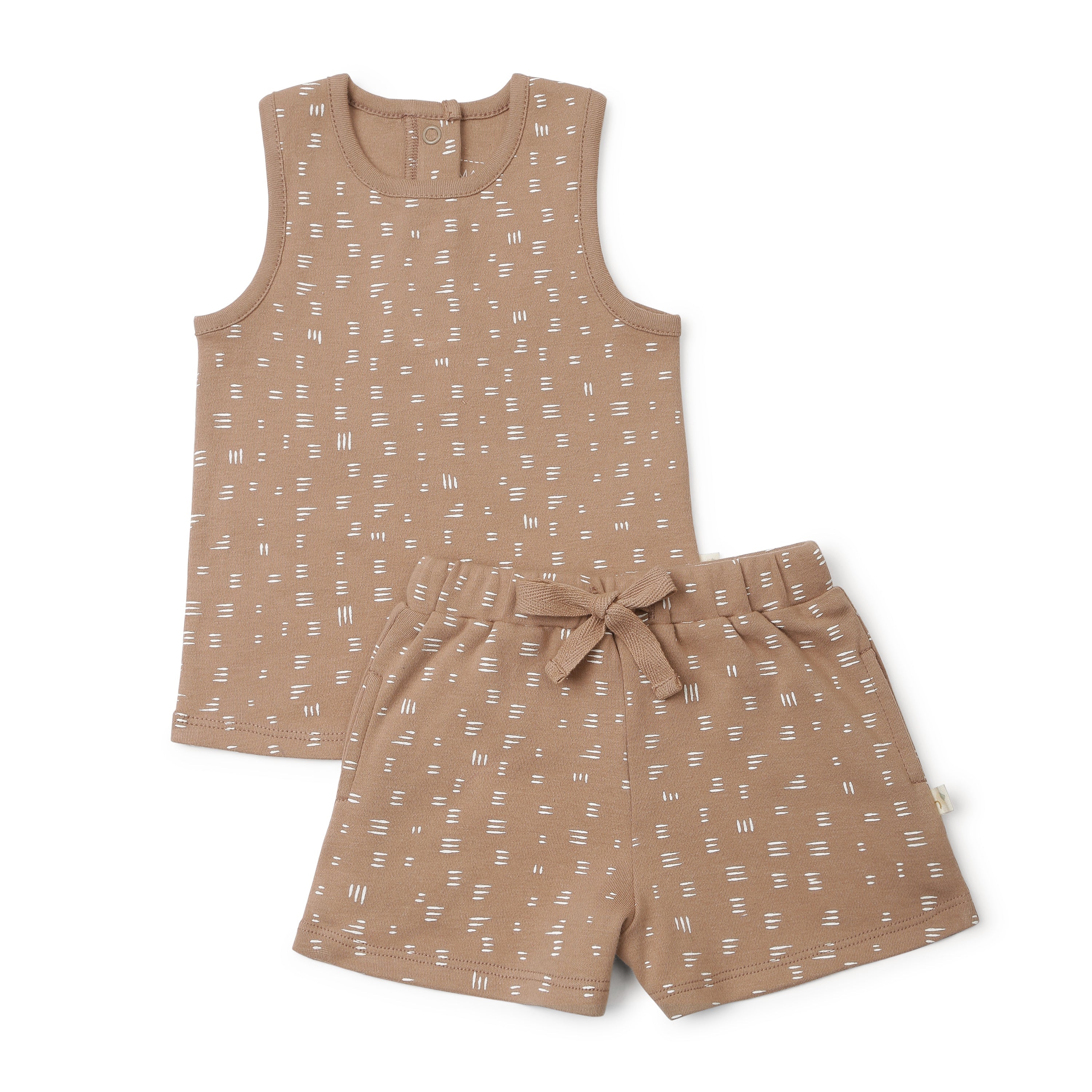 A beige sleeveless top and matching shorts with a simple white dash pattern from Organic Kids, displayed on a white background. The top has buttons at the neckline, and the shorts feature a Organic Tee & Shorts - Strokes.