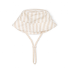A Makemake Organics Organic Linen Bucket Sun Hat in Beige Stripes with a floppy brim and chin strap, displayed against a white background.