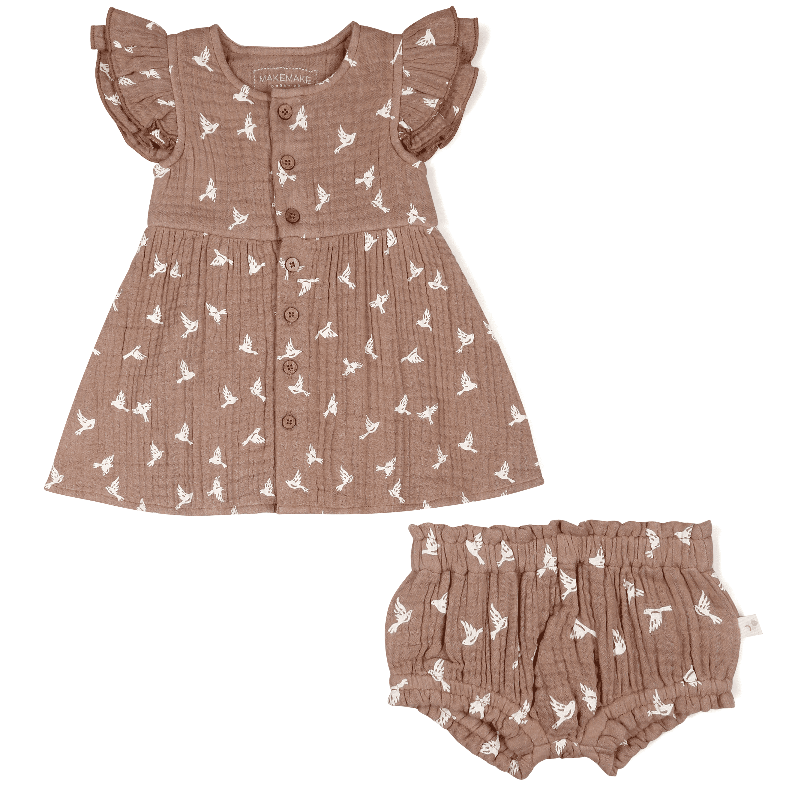 An Organic Muslin Button Flutter Dress - Flock toddler girl's dress and matching bloomers set, adorned with a white dove print. The dress features capped, ruffle sleeves and front buttons by Makemake Organics.