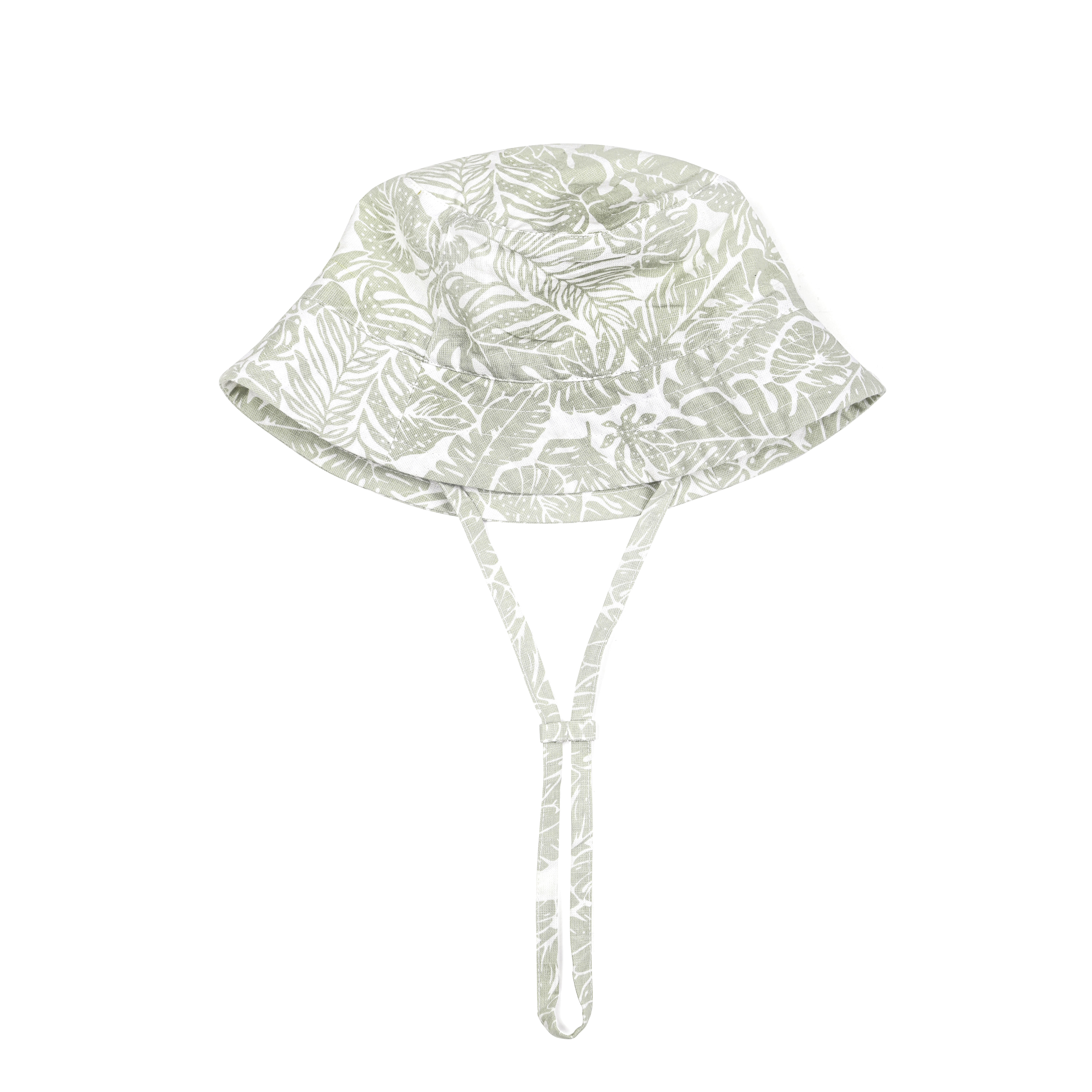 A toddler's Organic Linen Bucket Sun Hat with a Palms print, featuring wide brims and a chin strap, isolated on a white background from Makemake Organics.