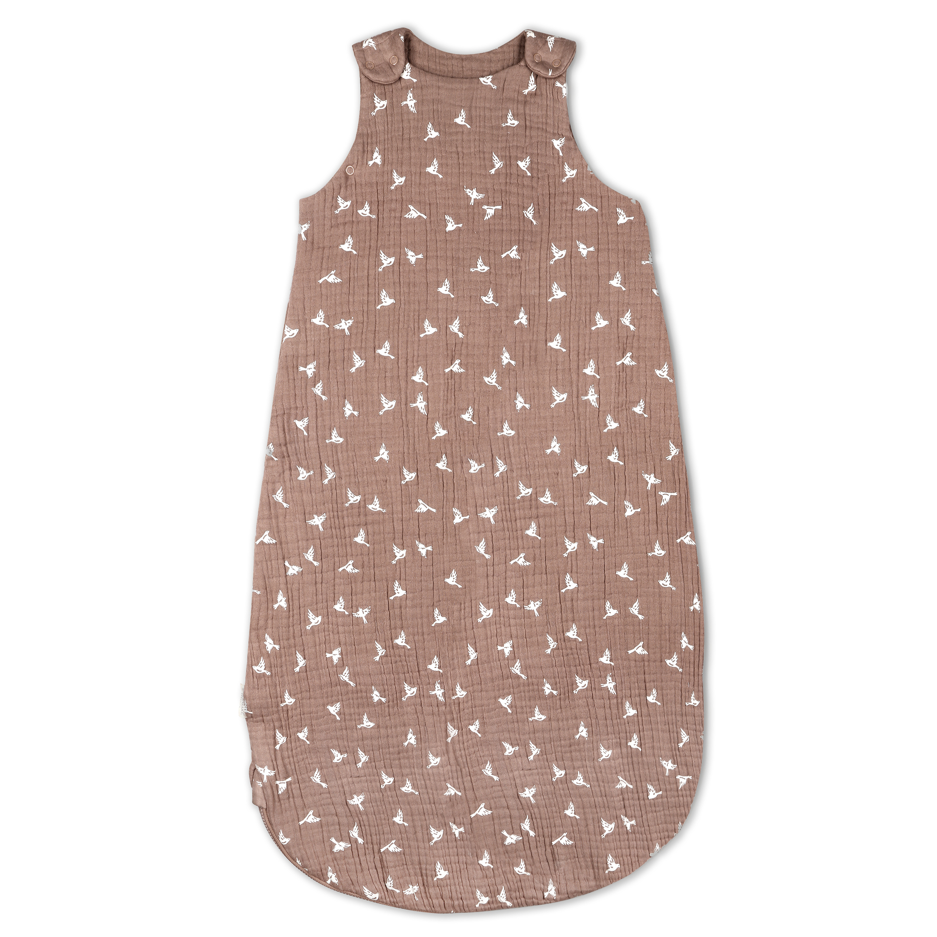 A brown toddler Muslin Wearable Blanket - Flock with a white origami bird pattern, displayed flat with shoulder snaps visible at the top from Makemake Organics.