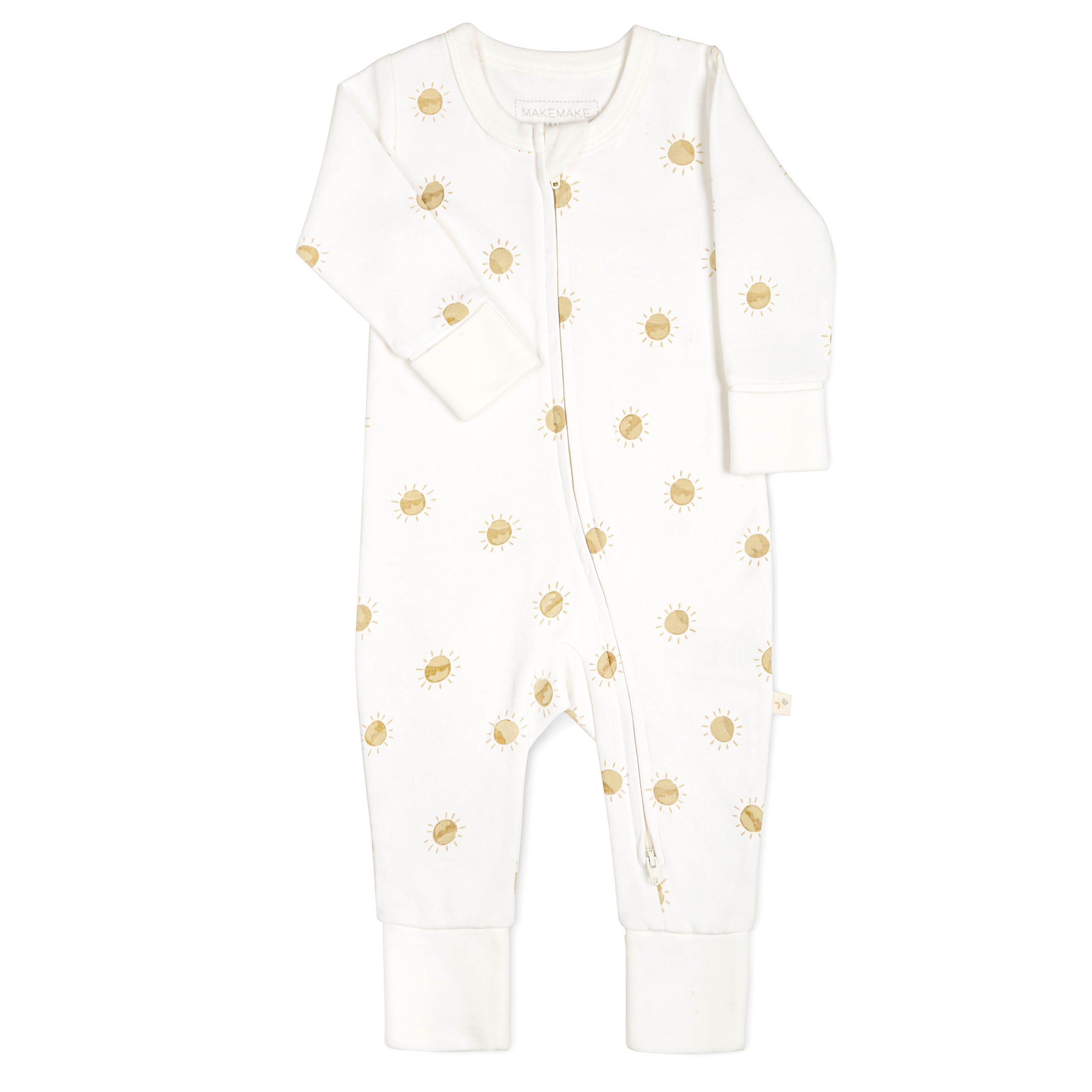 White toddler Organic 2-Way Zip Romper - Sunshine, featuring long sleeves and a front zipper, displayed against a plain, light background by Makemake Organics.