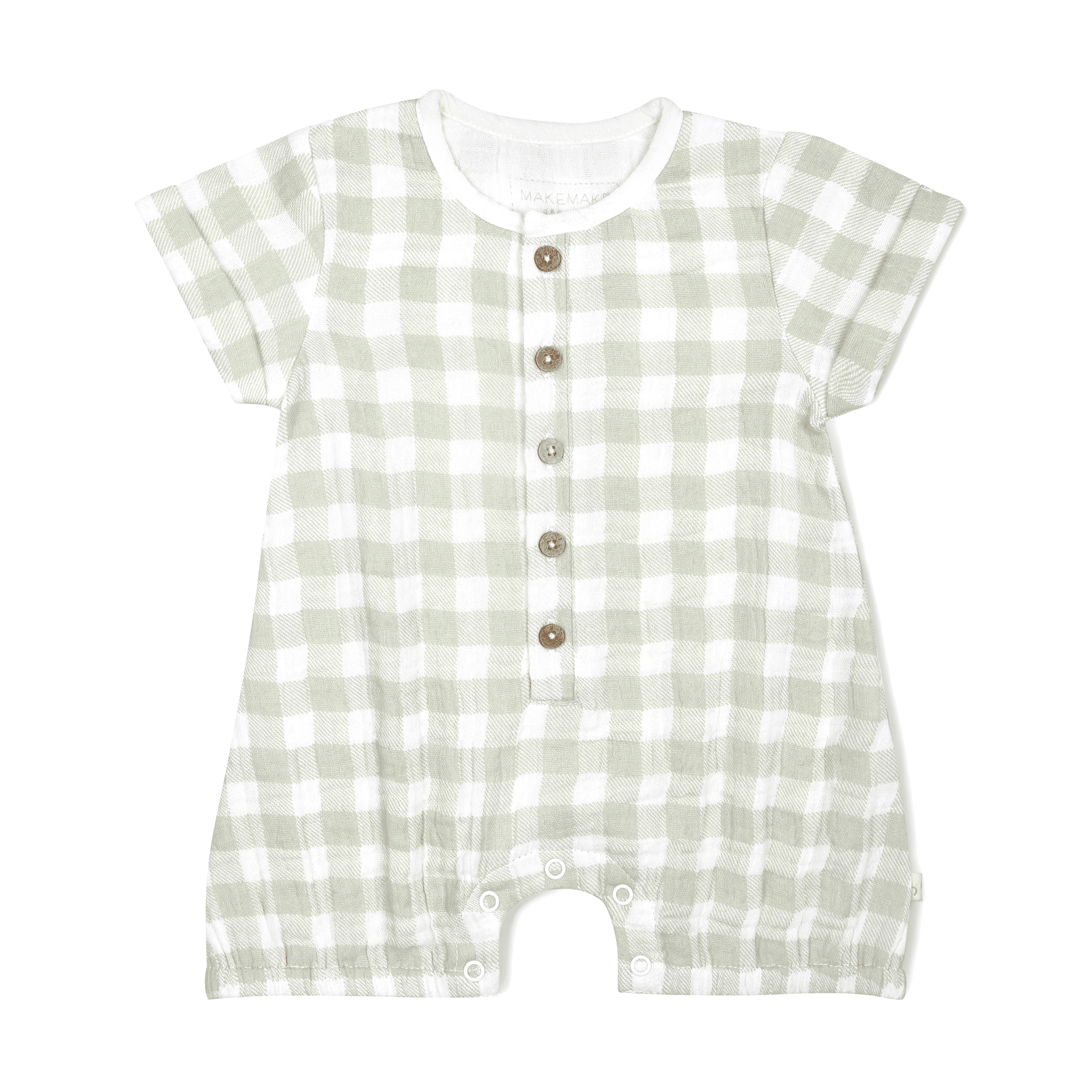 A green and white gingham patterned baby romper with short sleeves and wooden button closures, displayed against a white background. This Organic Muslin Short Bubble Romper - Gingham from Makemake Organics is suitable for both baby girls and toddlers.