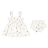 Organic Smocked Dress - Sunshine by Makemake Organics, with gold floral pattern and ruffled straps, paired with matching bloomers, displayed against a white background.