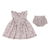 A grey floral patterned Organic Flutter Dress - Daisies with a matching pair of bloomers, displayed on a white background by Makemake Organics.