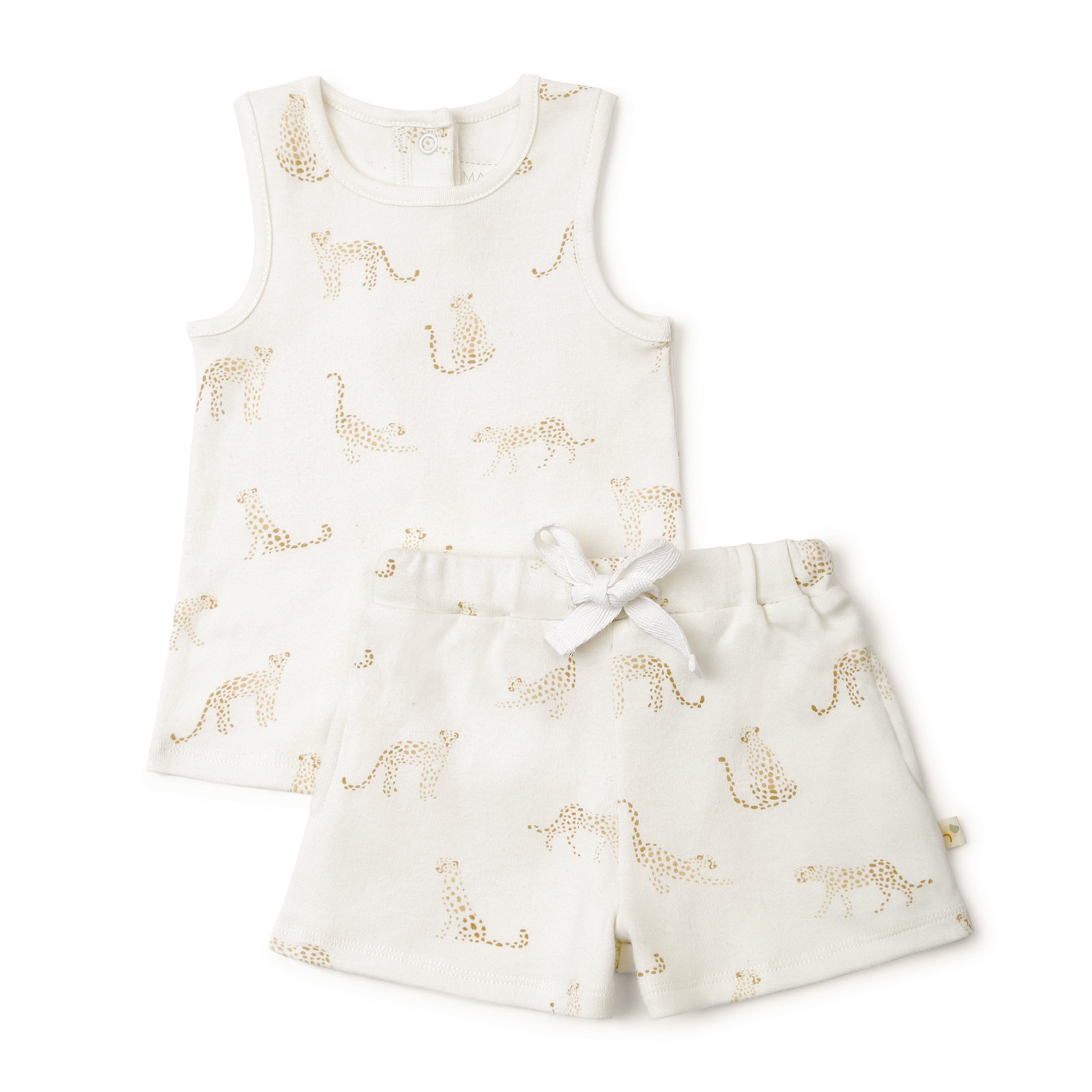 A cream-colored children's outfit from Organic Kids featuring a sleeveless top and matching shorts, both adorned with a golden cheetah print. The shorts have a drawstring at the waist.