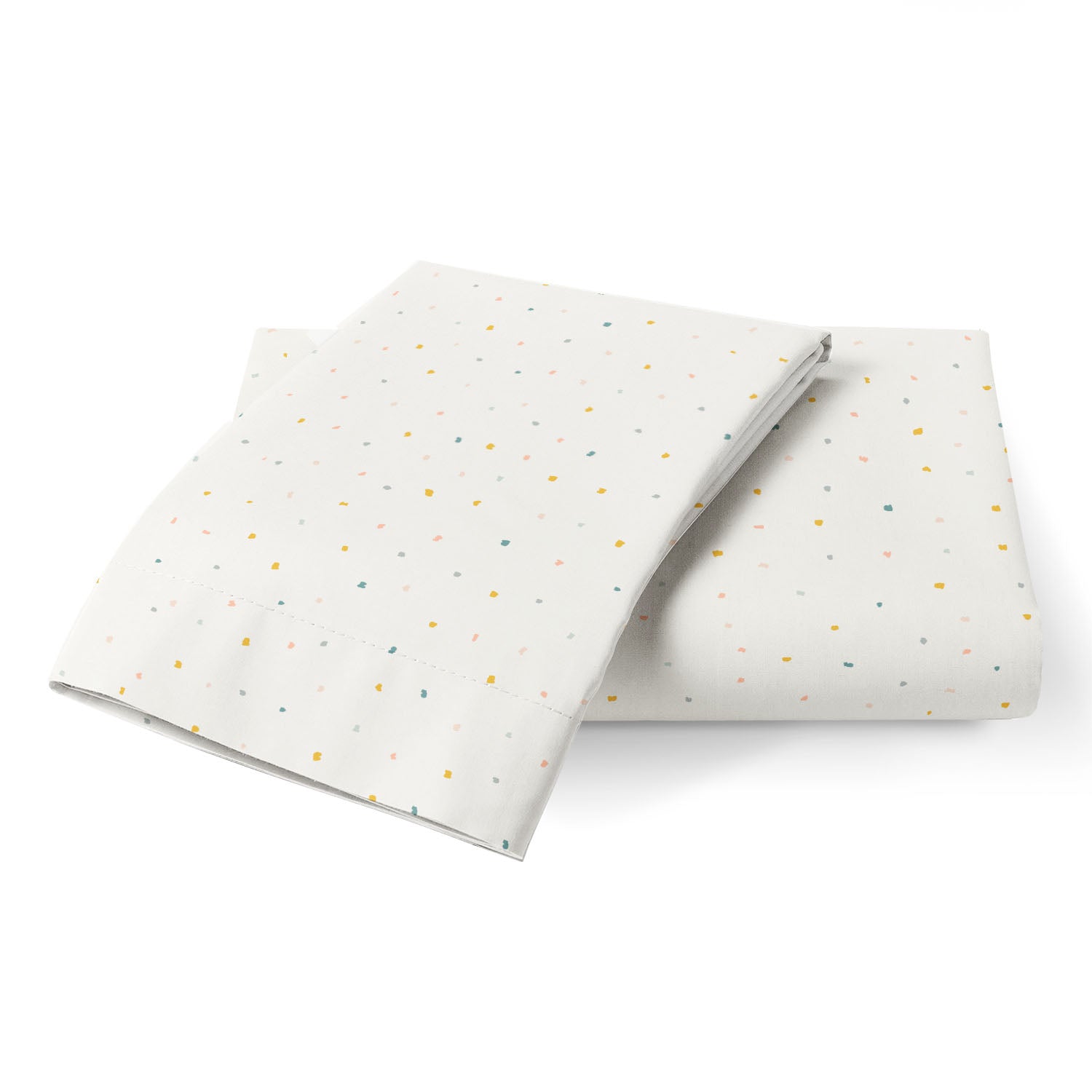 Two folded white Makemake Organics handkerchiefs with multicolored polka dots displayed on a white background.