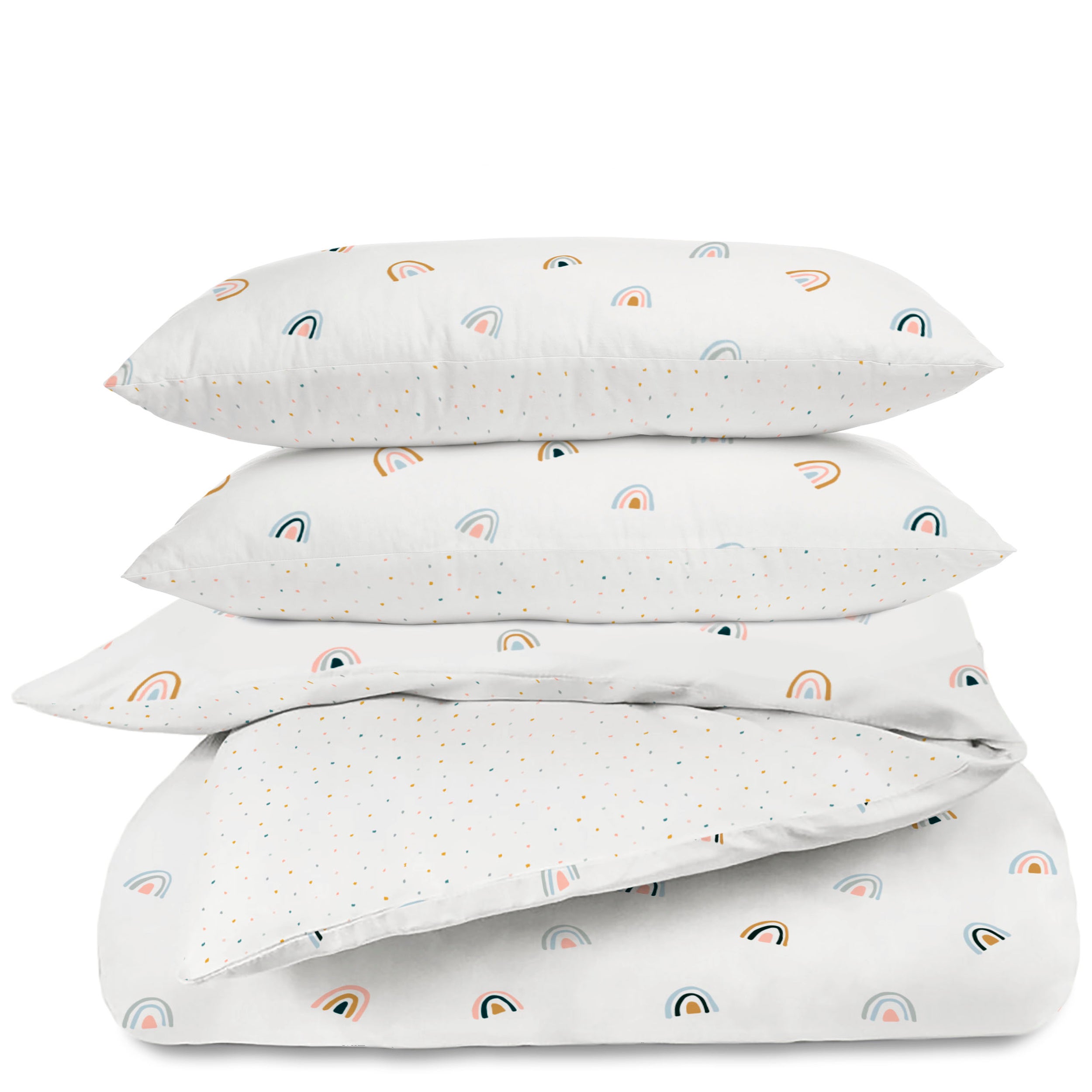 A stack of three white pillows and an Organic Duvet Cover - Dotty & Rainbow by Makemake Organics, all featuring colorful rainbow and dot patterns, against a white background.