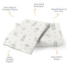 Two folded pillowcases with space-themed patterns, annotated with features like "extra deep envelope closure" and "ultra soft & breathable," on a light background.