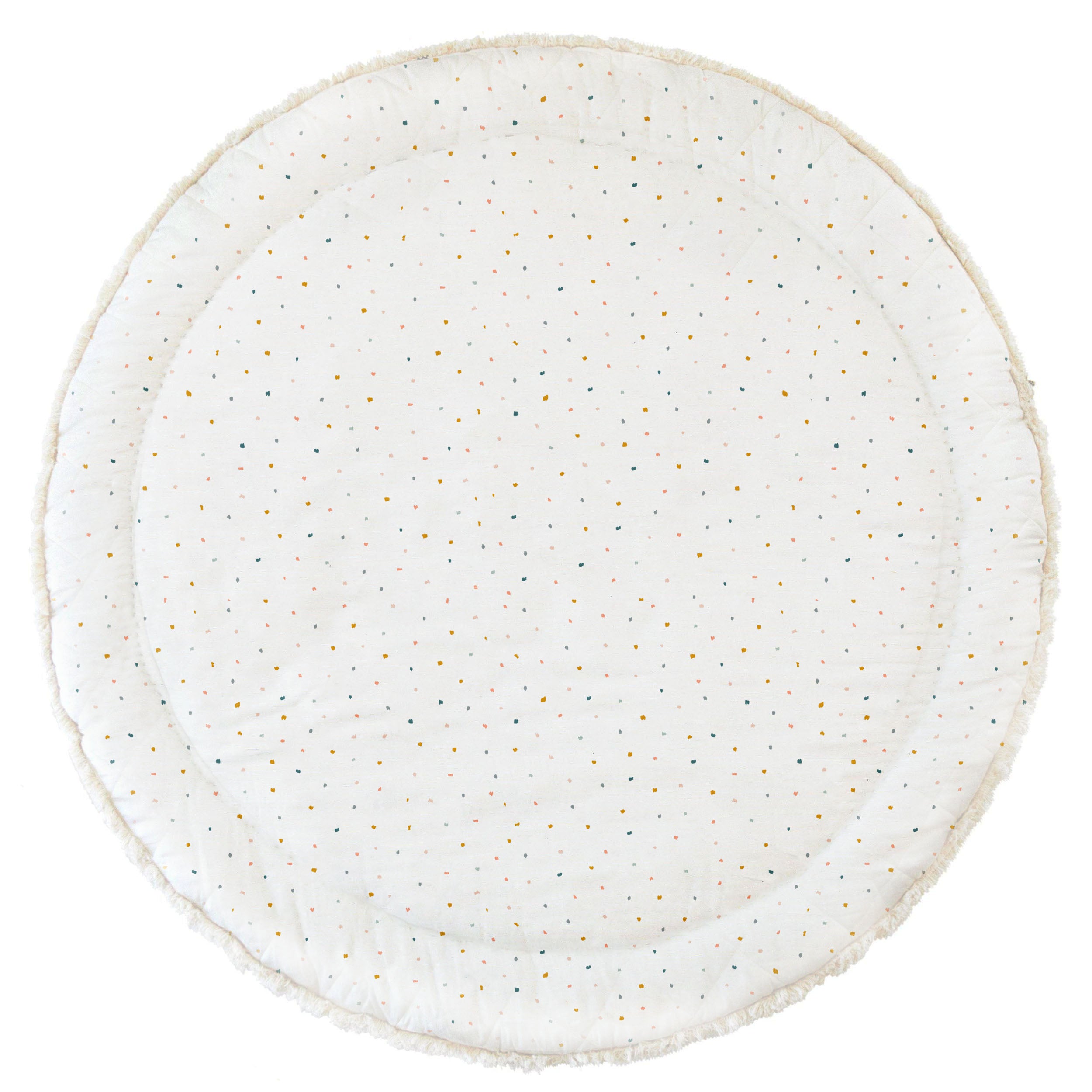 A round Organic Cotton Quilted Reversible Play Mat in Dotty and Ivory by Makemake Organics decorated with small multicolored dots and a simple stitched border, photographed against a white background.