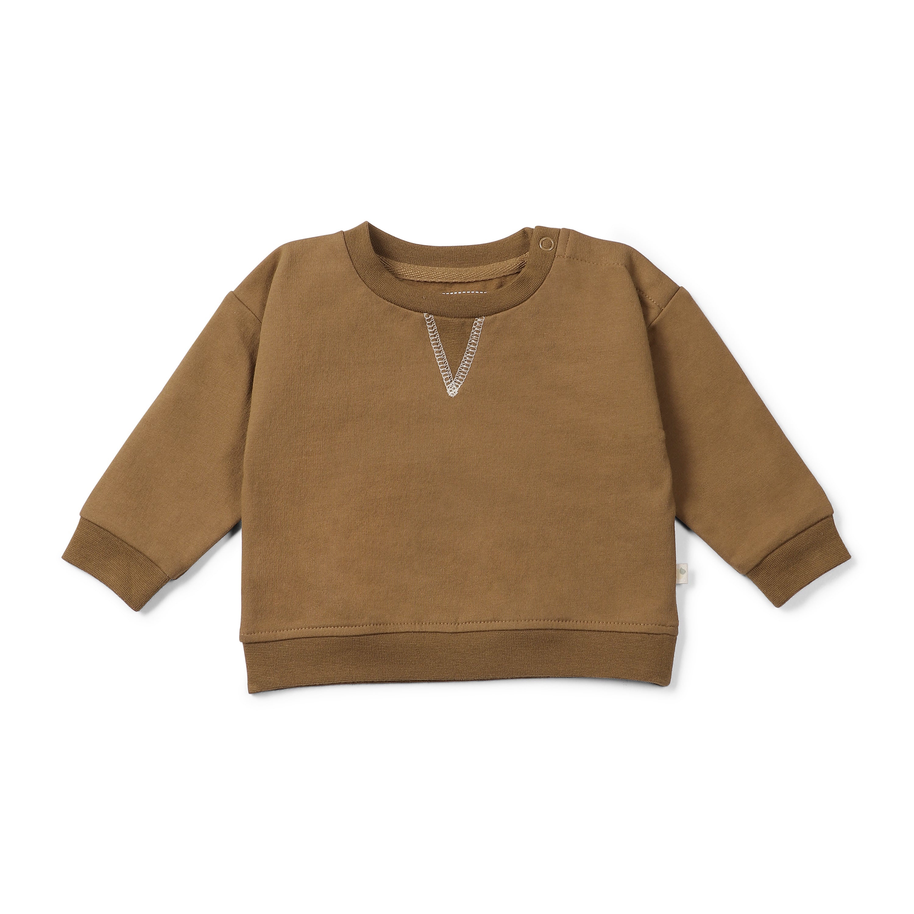 A brown Organic Kids toddler sweatshirt in Walnut Solid with long sleeves and two buttons at the shoulder, displayed on a plain white background.
