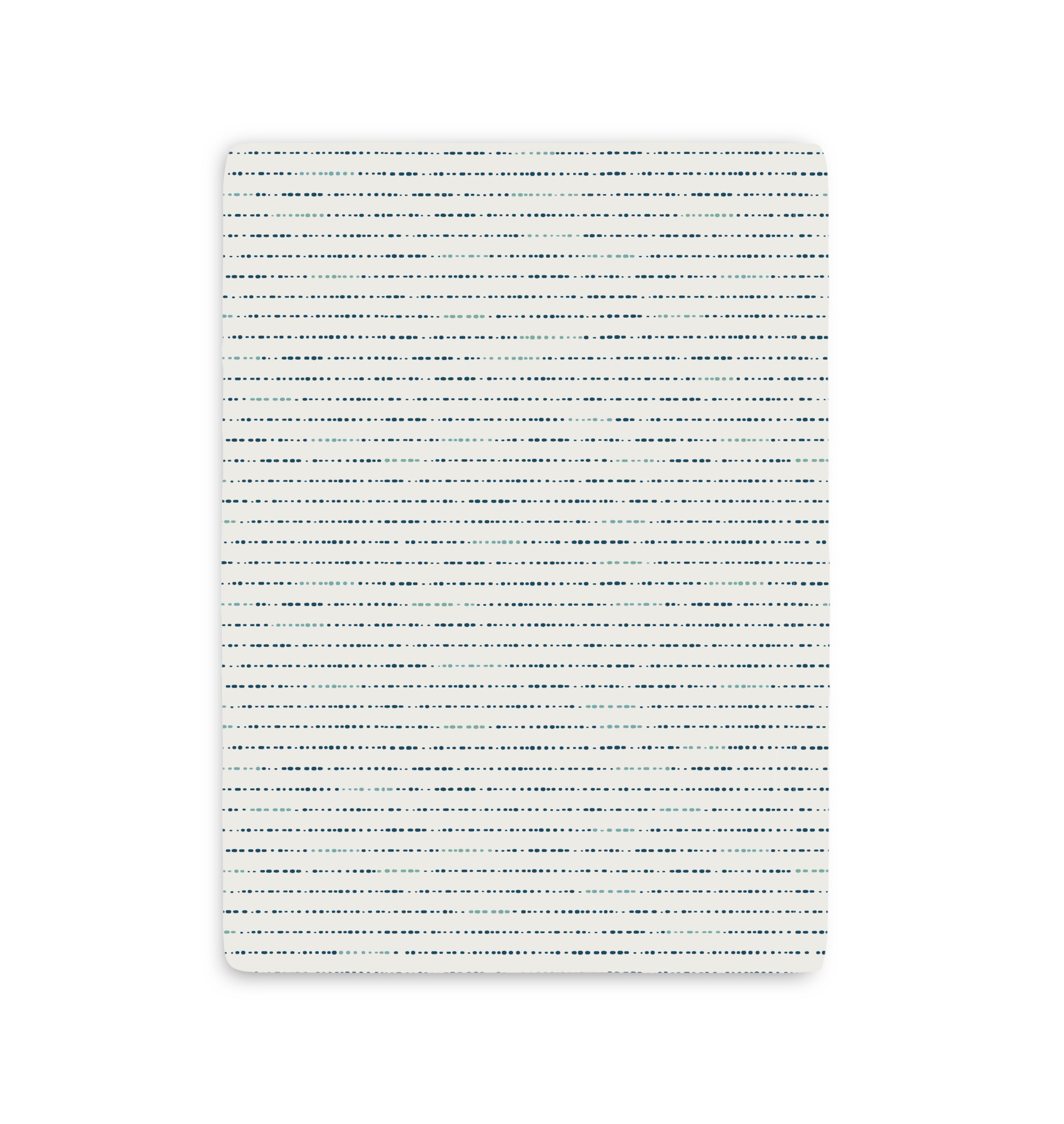 A densely typed document with small, closely spaced black text forming continuous horizontal lines across a white page, with visible texture in the paper. there's a slight shadow on the left side of the Makemake Organics Mini Crib Fitted Sheet - Pebble.