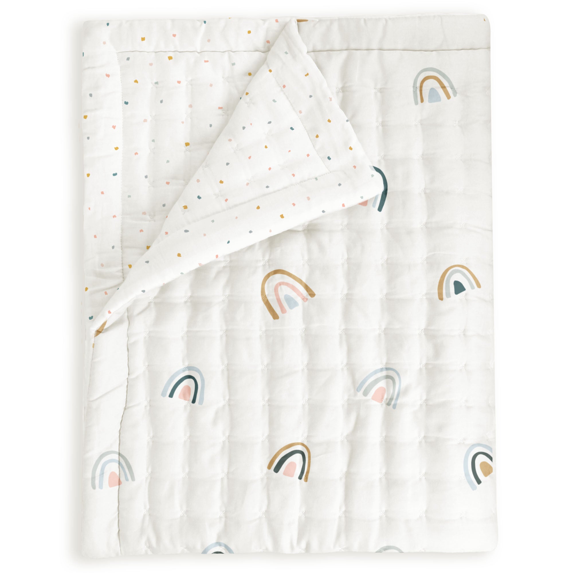 A cozy Organic Cotton Comforter - Dotty & Rainbow from Makemake Organics with a pattern of colorful rainbows and scattered multicolored dots, partially folded to reveal a white underside.