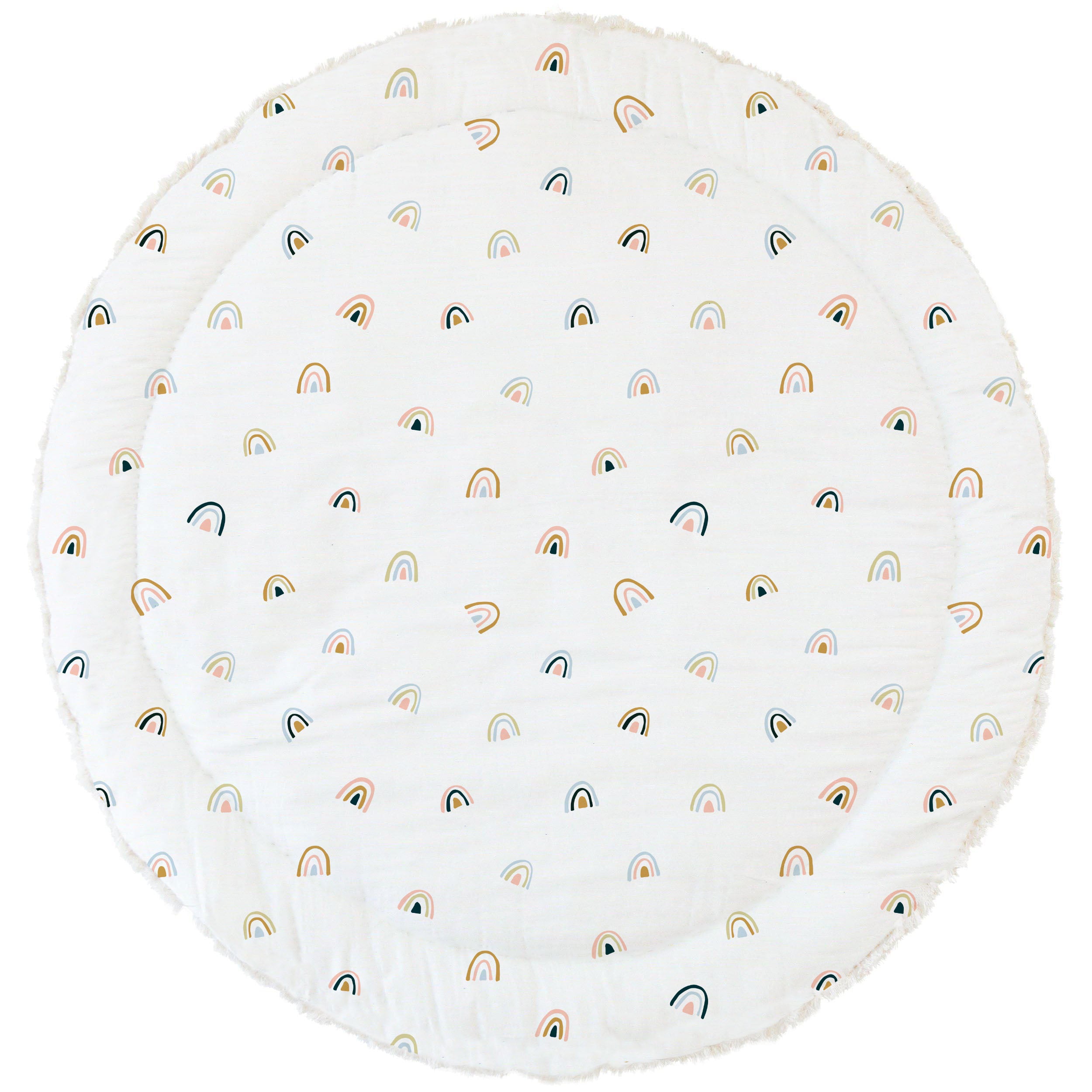 Round, plush baby mat with a pattern of multicolored rainbows on a white background, viewed from above: Organic Cotton Quilted Reversible Play Mat - Rainbow and Ivory by Makemake Organics.