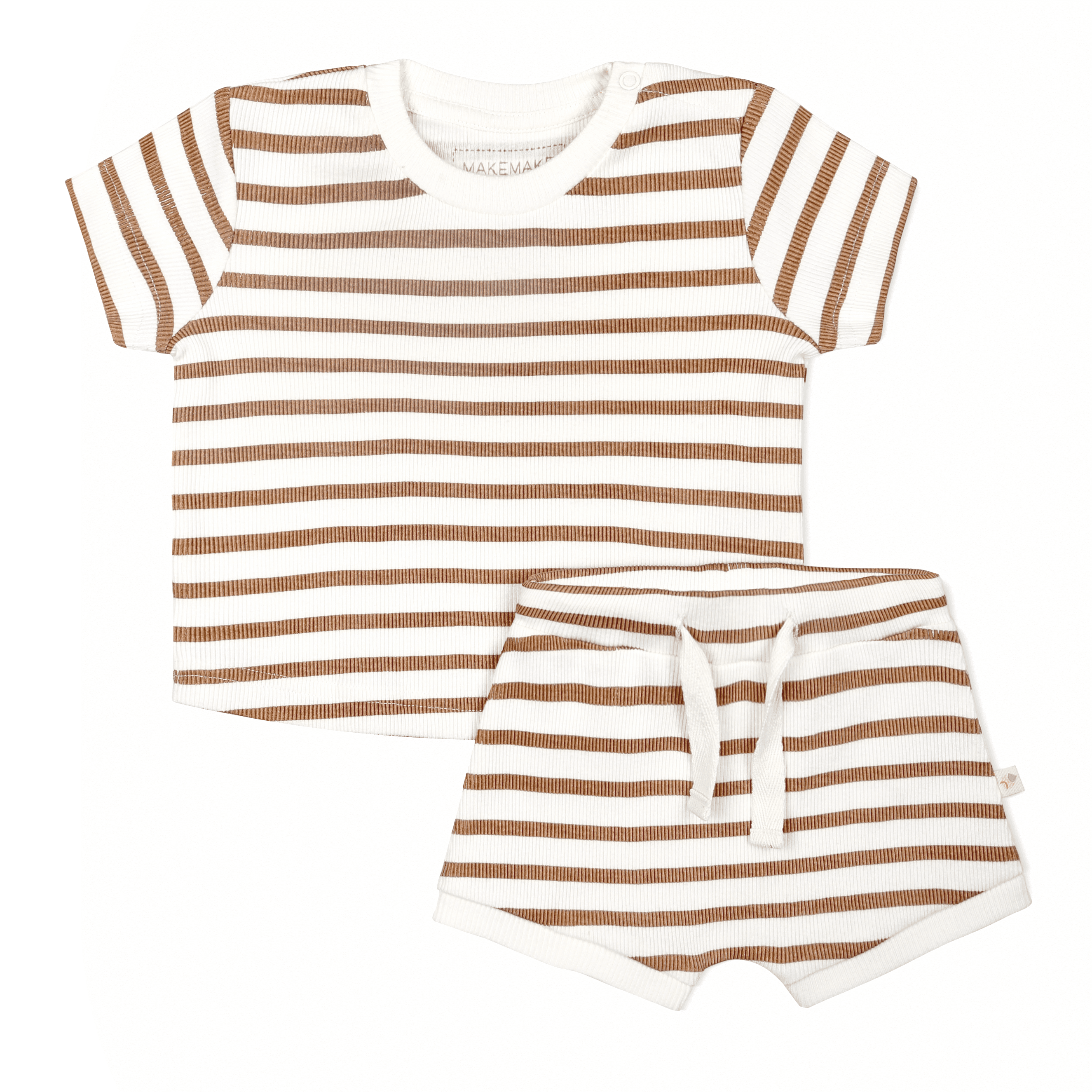 Brown and white striped organic tee and shorties set by Makemake Organics on a white background.