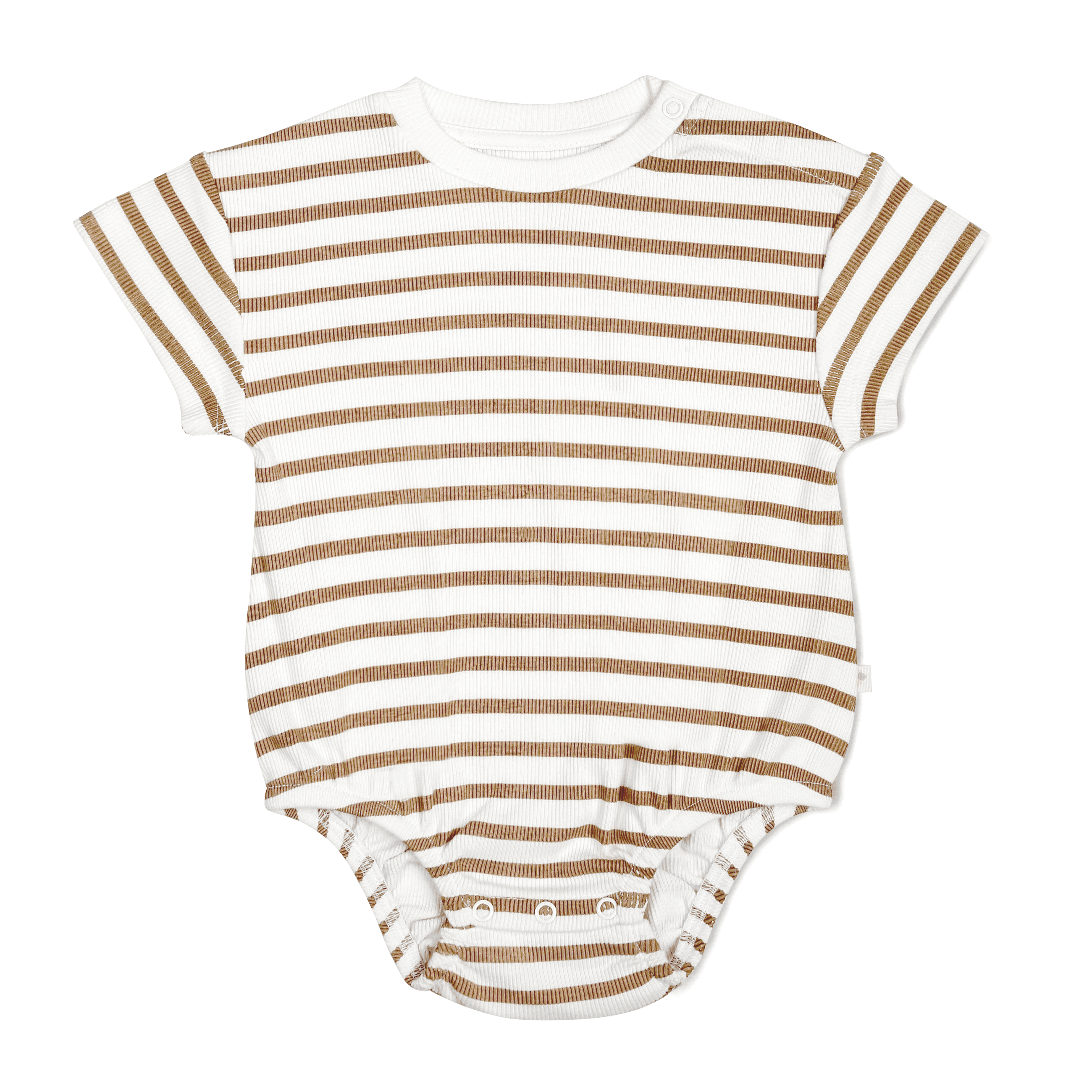 Brown and white striped Makemake Organics Organic Bubble Romper with short sleeves, snap buttons at the shoulder, and three snap buttons at the crotch, isolated on a white background.