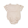 A flat-laid, striped toddler bodysuit with beige and white horizontal stripes, short sleeves, and three snap buttons at the bottom, isolated on a white background.