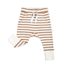 Brown and white striped toddler Organic Harem Pants - Stripes from Makemake Organics with a stretch waistband and ribbed ankle cuffs, displayed on a plain white background.