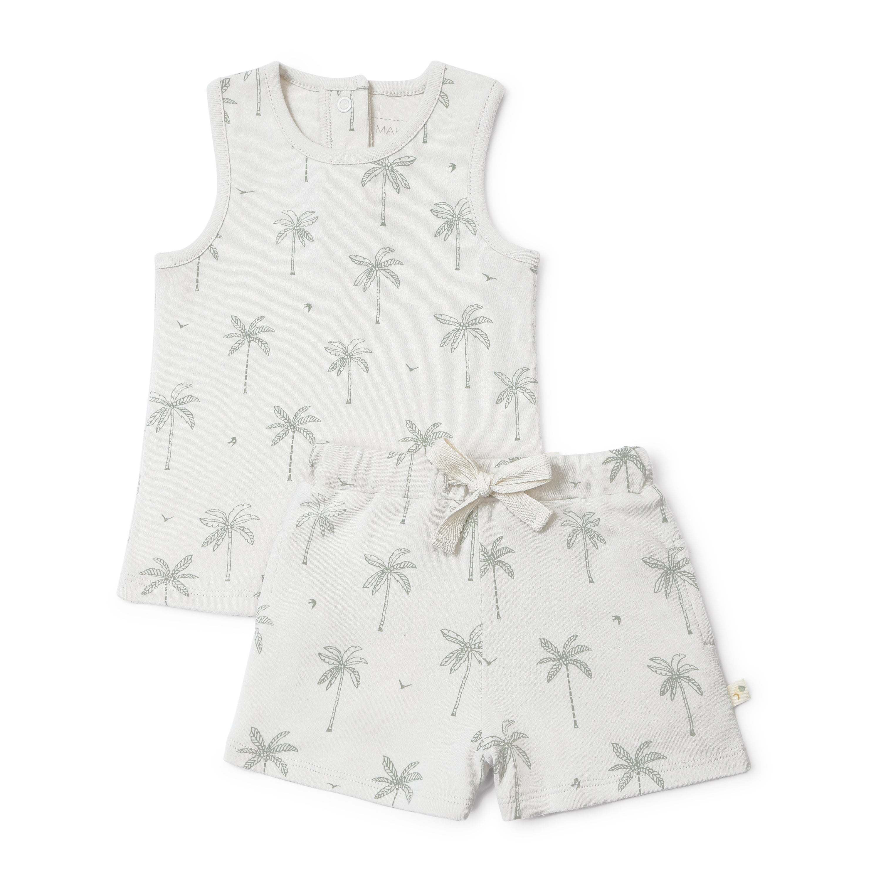 Organic Kids' Organic Tee & Shorts - Tropical, with a sleeveless top and shorts featuring a matching beige palm tree print on a white background. The shorts have a drawstring waist.