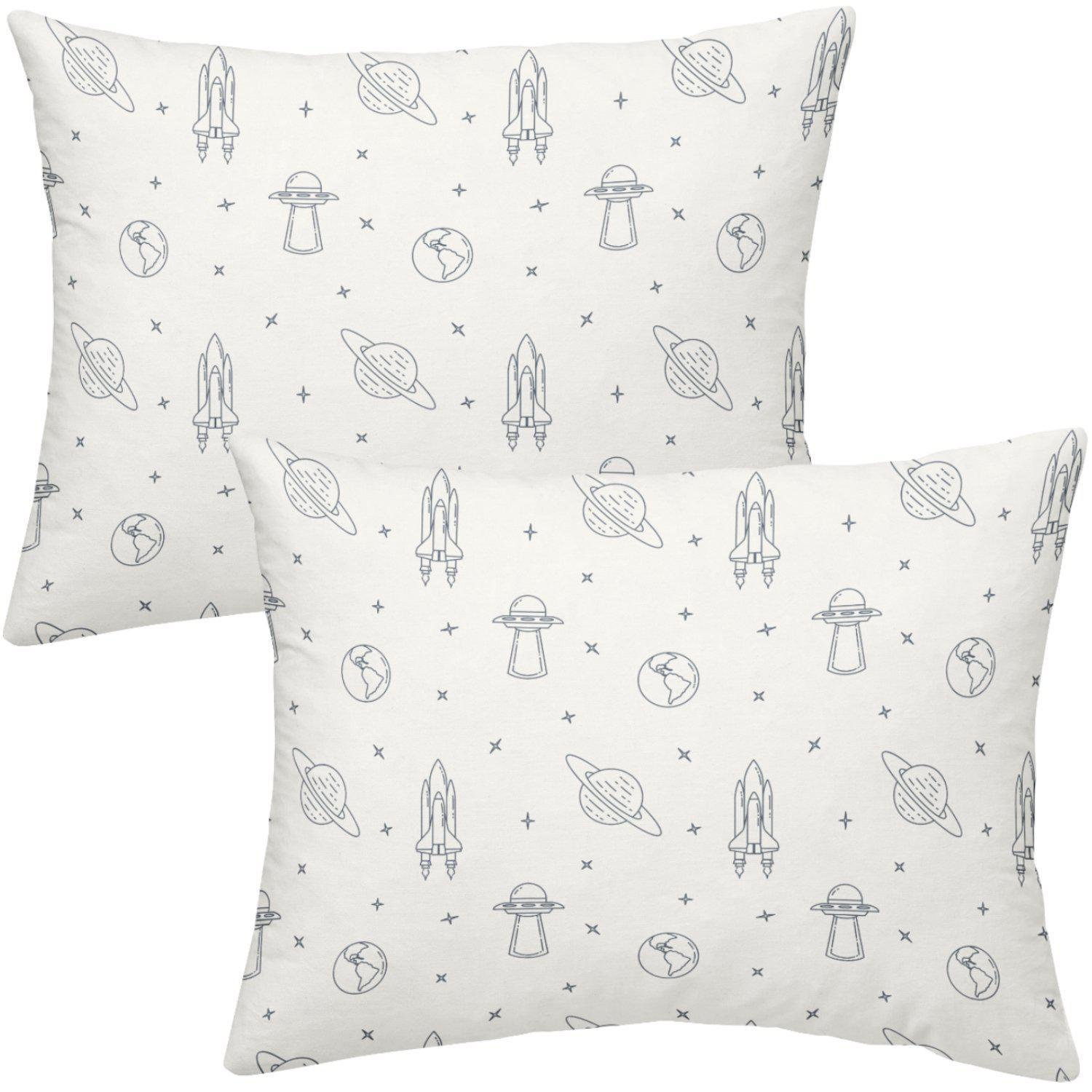 Two square pillows with a space-themed pattern featuring sketches of planets, UFOs, and spaceships on a light grey background - Makemake Organics Organic Cotton Toddler Pillowcase in Celestial.