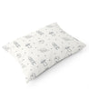 A rectangular Organic Cotton Toddler Pillowcase - Celestial by Makemake Organics featuring a simple black line drawing pattern of various space-themed icons, including rockets, planets, and stars. The pillowcase is depicted on a plain white background.