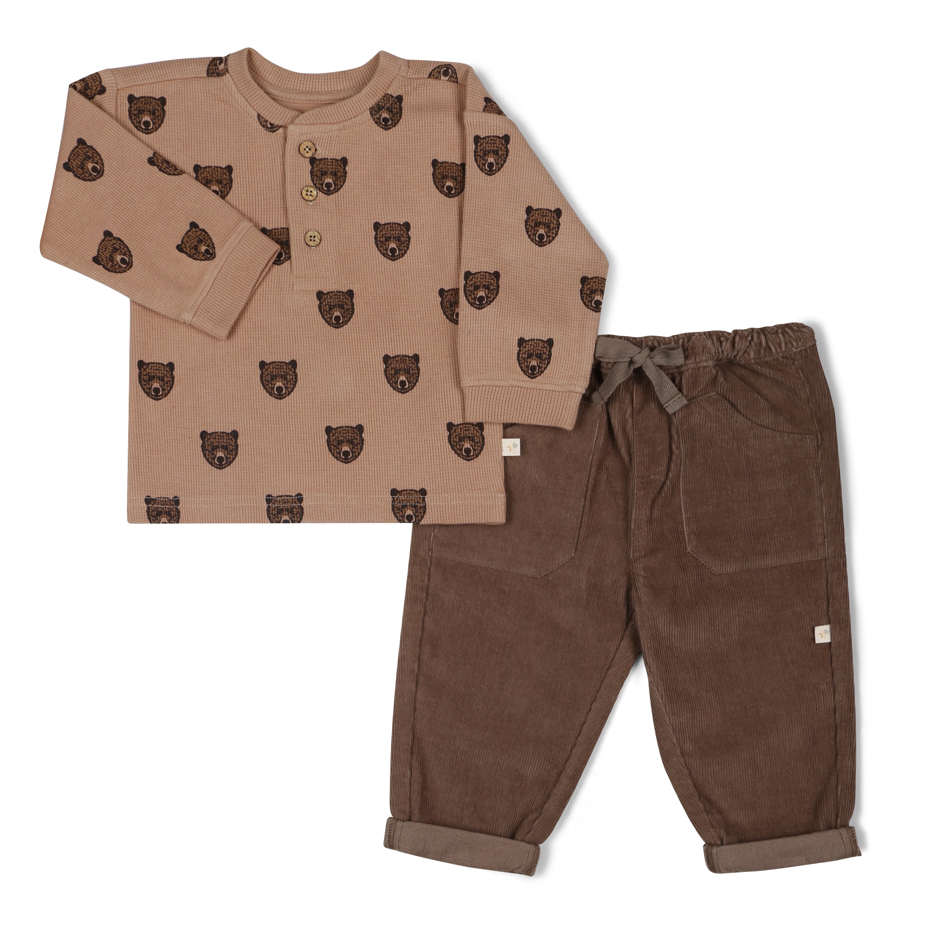 Brown toddler outfit with a bear-print long-sleeve shirt and dark brown cuffed pants. The shirt features two buttons at the collar, and the pants have a drawstring waist with large pockets.