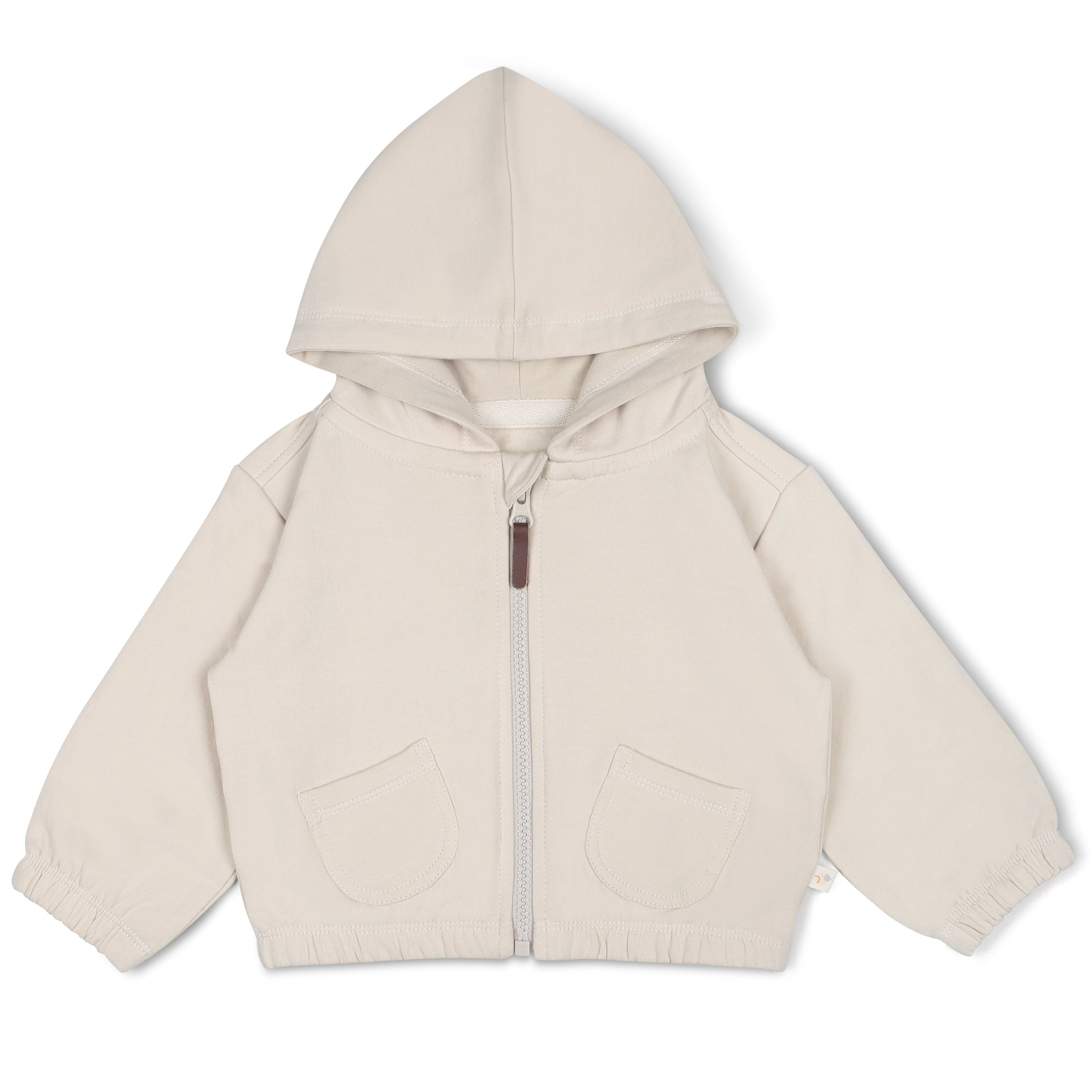 A beige baby hoodie with a zip closure, two front pockets, and elastic cuffs and hem for a snug fit.