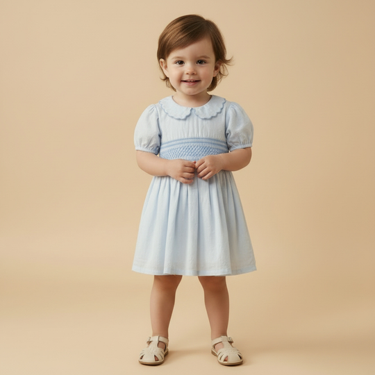 A toddler with short brown hair smiles while standing against a beige background. The child is wearing a light blue dress with puffed sleeves and white sandals.