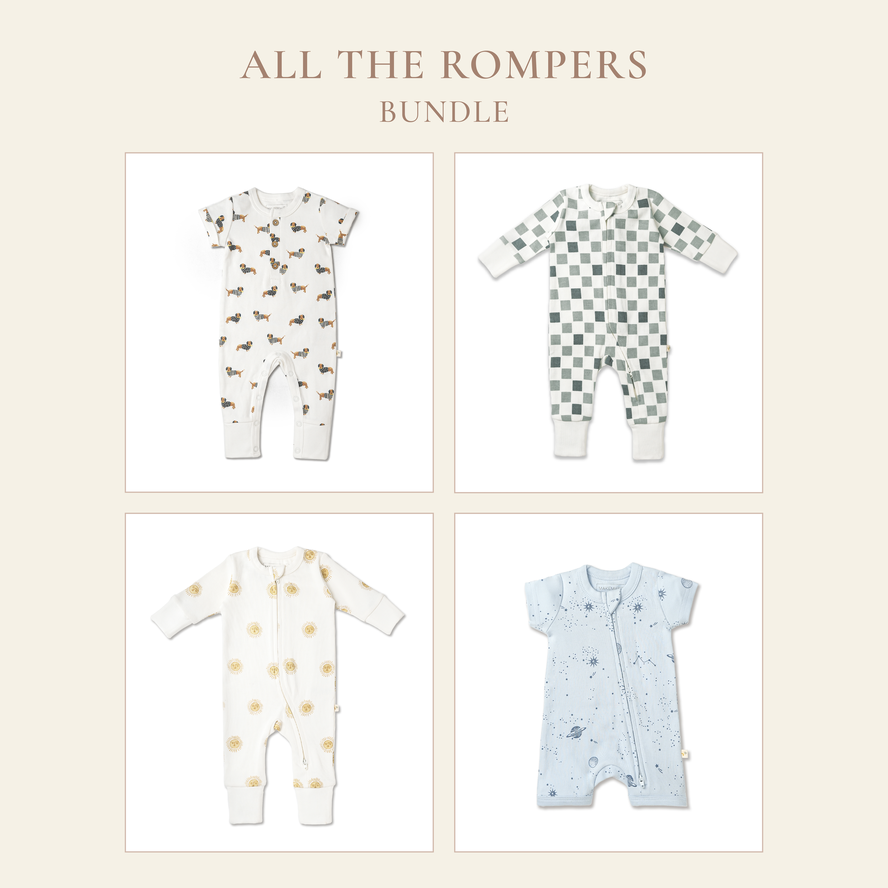 Four baby rompers in a bundle: one with horse print, one with green checker pattern, one with yellow sunbursts, and one light blue with constellation designs, all displayed on a beige background.