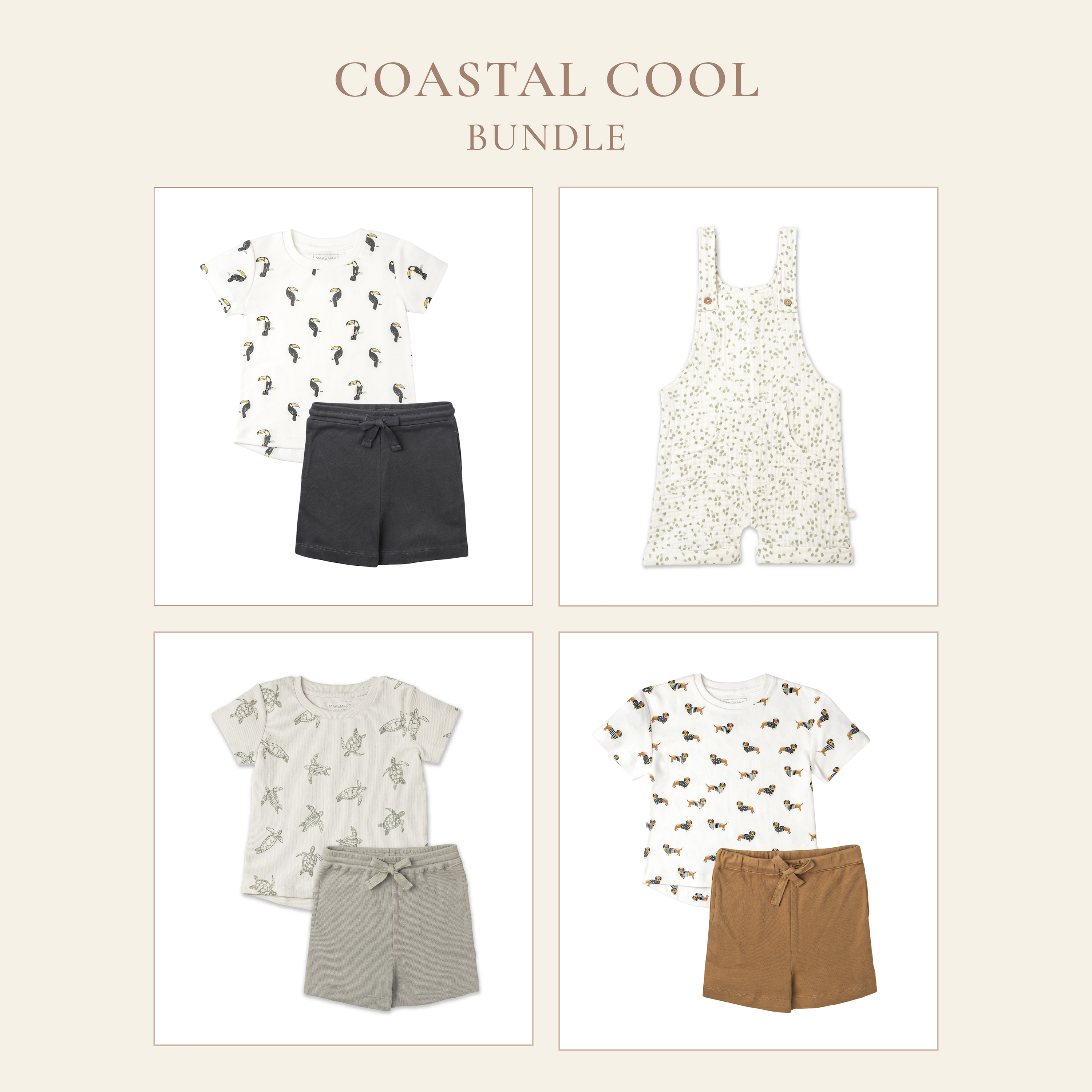 Four neutral-toned kids' clothing sets, including two shorts and t-shirt combos with animal prints, one dungaree-style romper with a small print, and one solid T-shirt and shorts outfit.