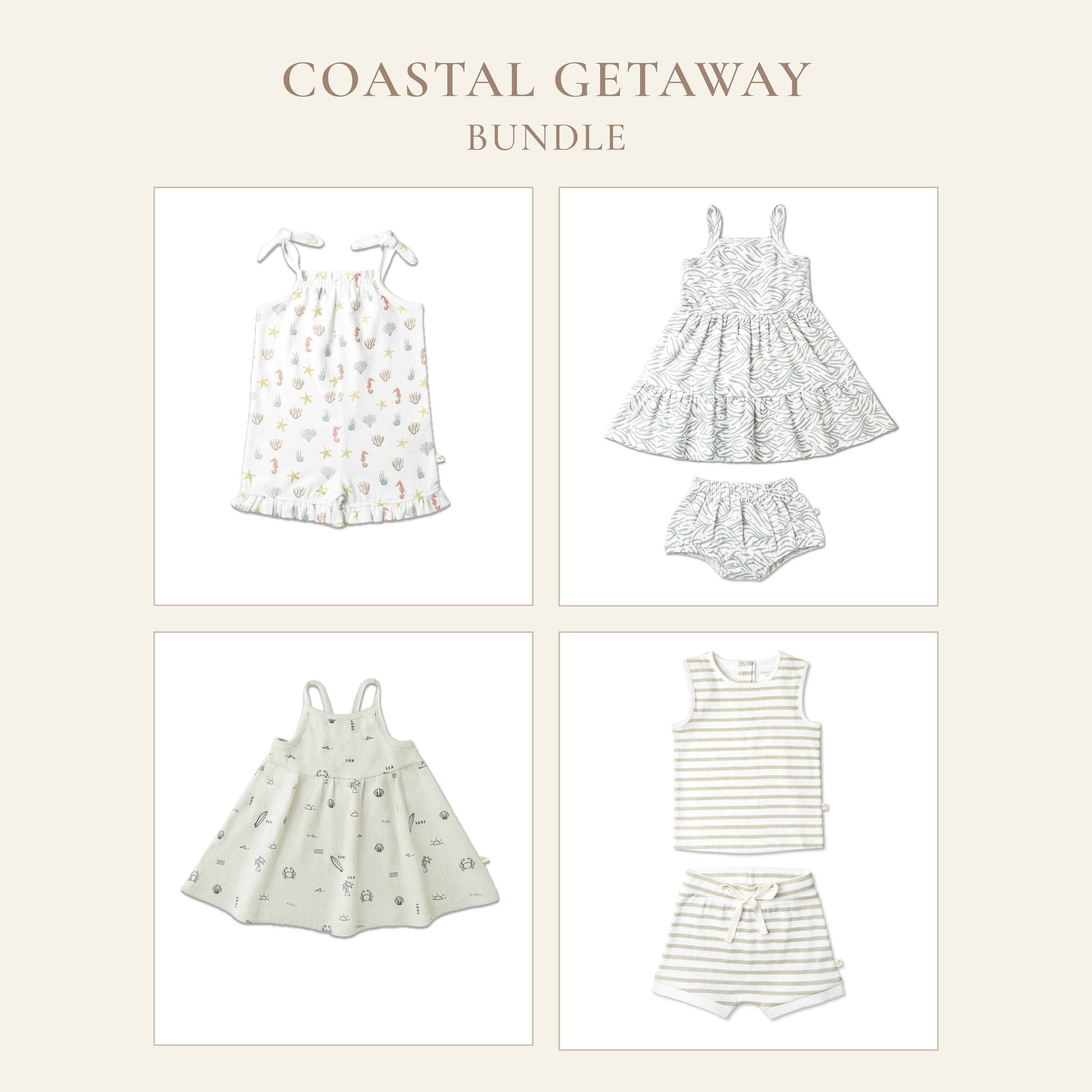 Four baby clothing sets arranged in a grid, featuring summery designs: a floral romper, a ruffled dress with bloomers, a pinafore dress with a subtle print, and a striped tank top with matching shorts.