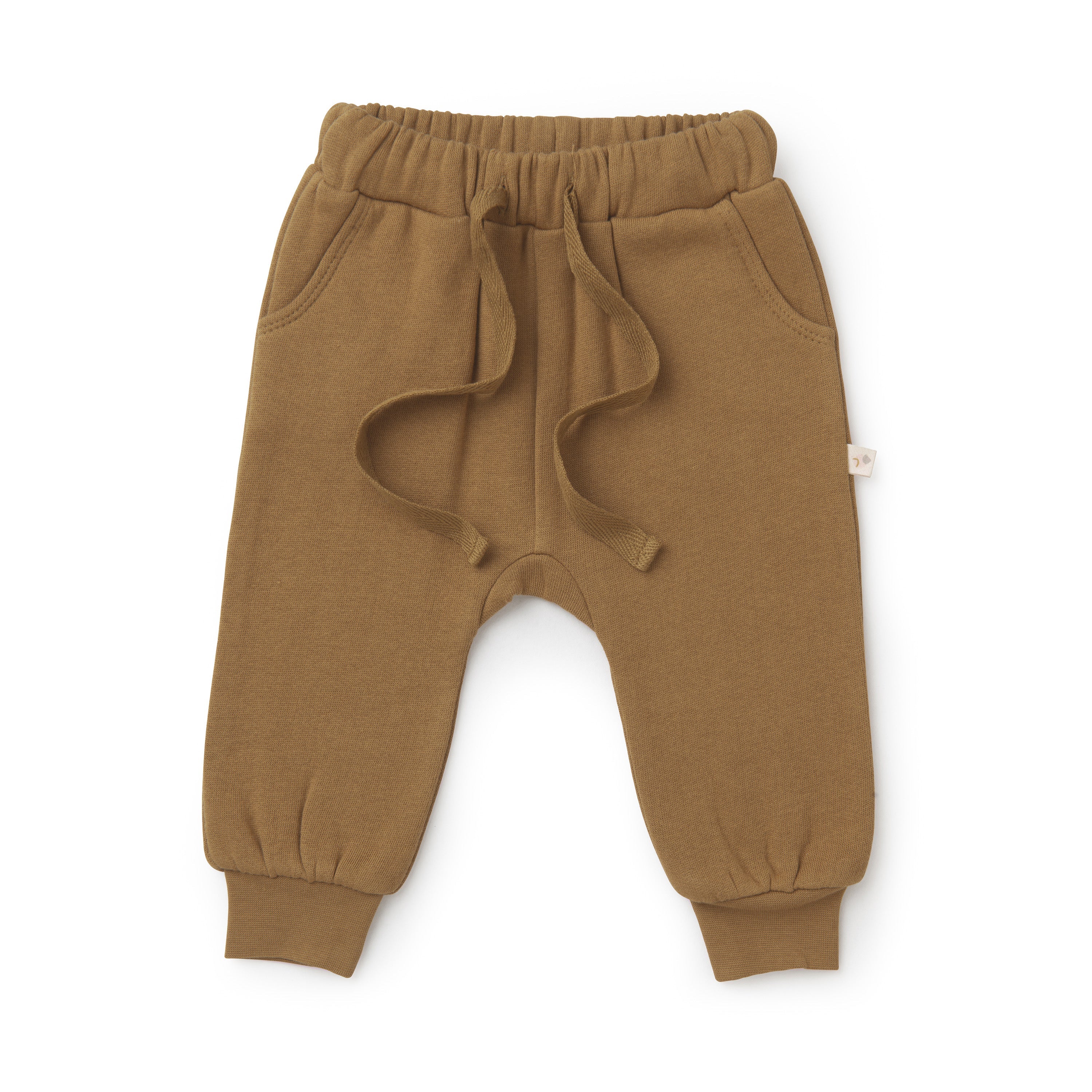 Brown baby sweatpants with an elastic waistband and drawstring. They have ribbed cuffs and side pockets, and are displayed against a plain white background.