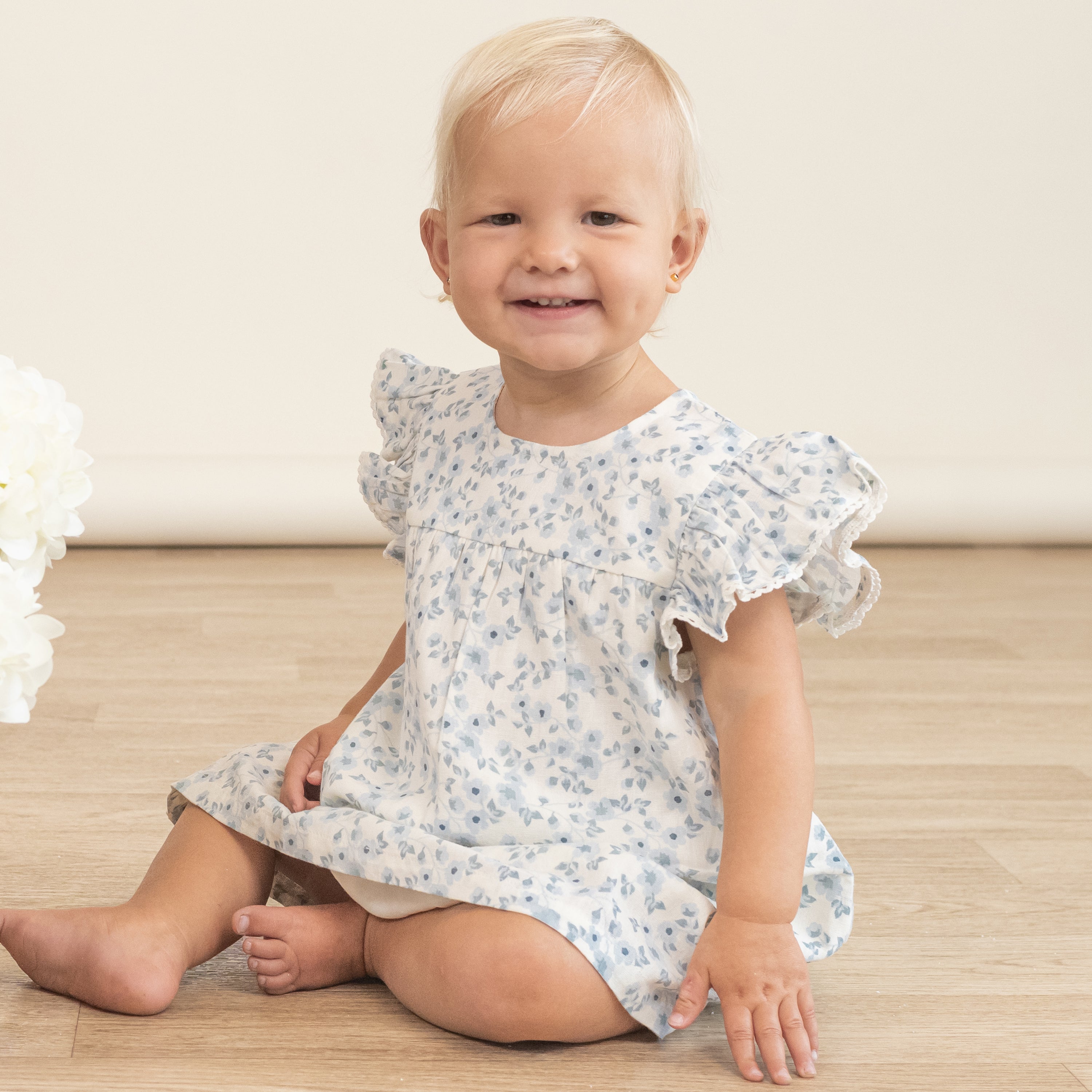 Organic Short Sleeve Flutter Dress - Blue Vines - Makemake Organics