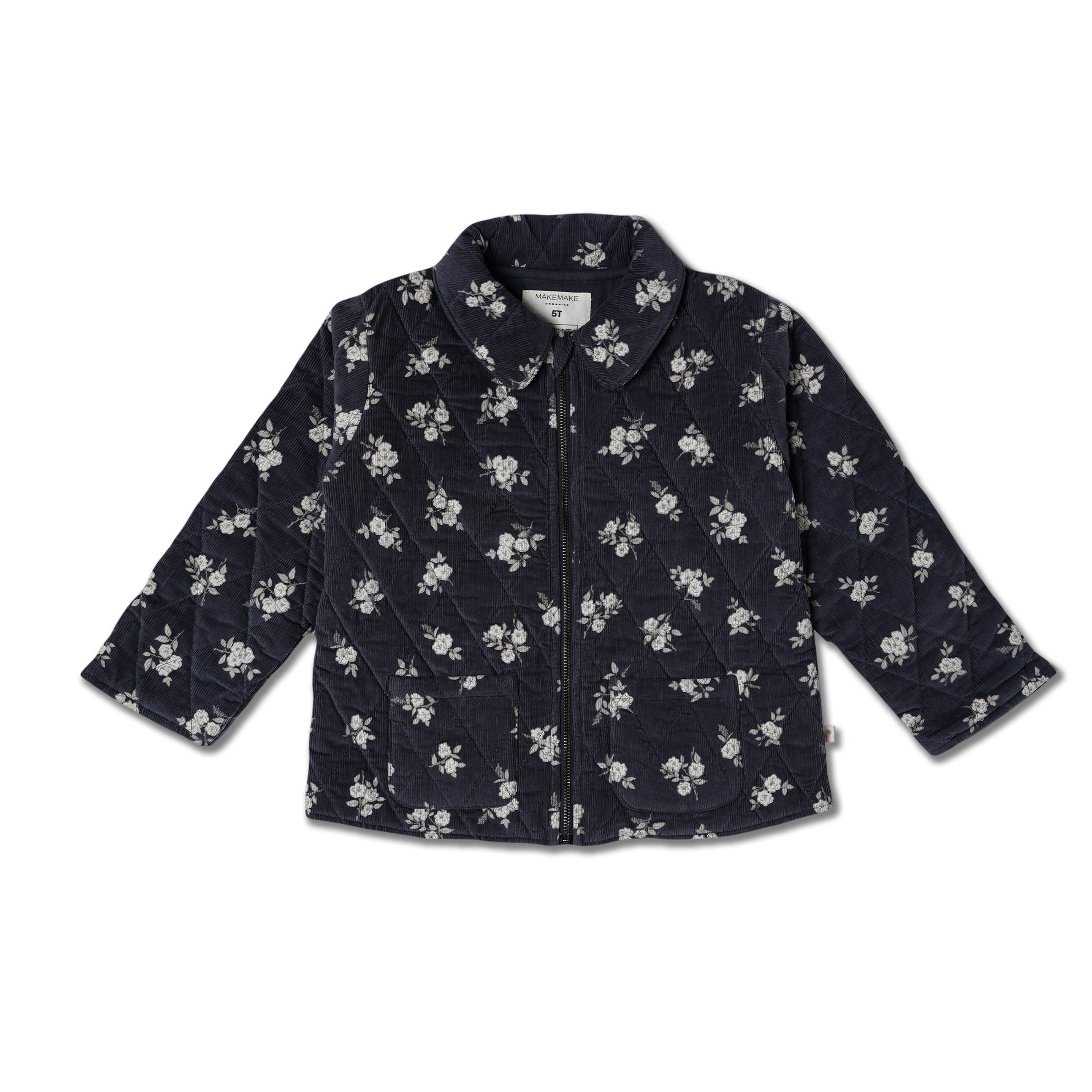 Organic Quilted Corduroy Zipper Jacket - Navy Bloom - Makemake Organics