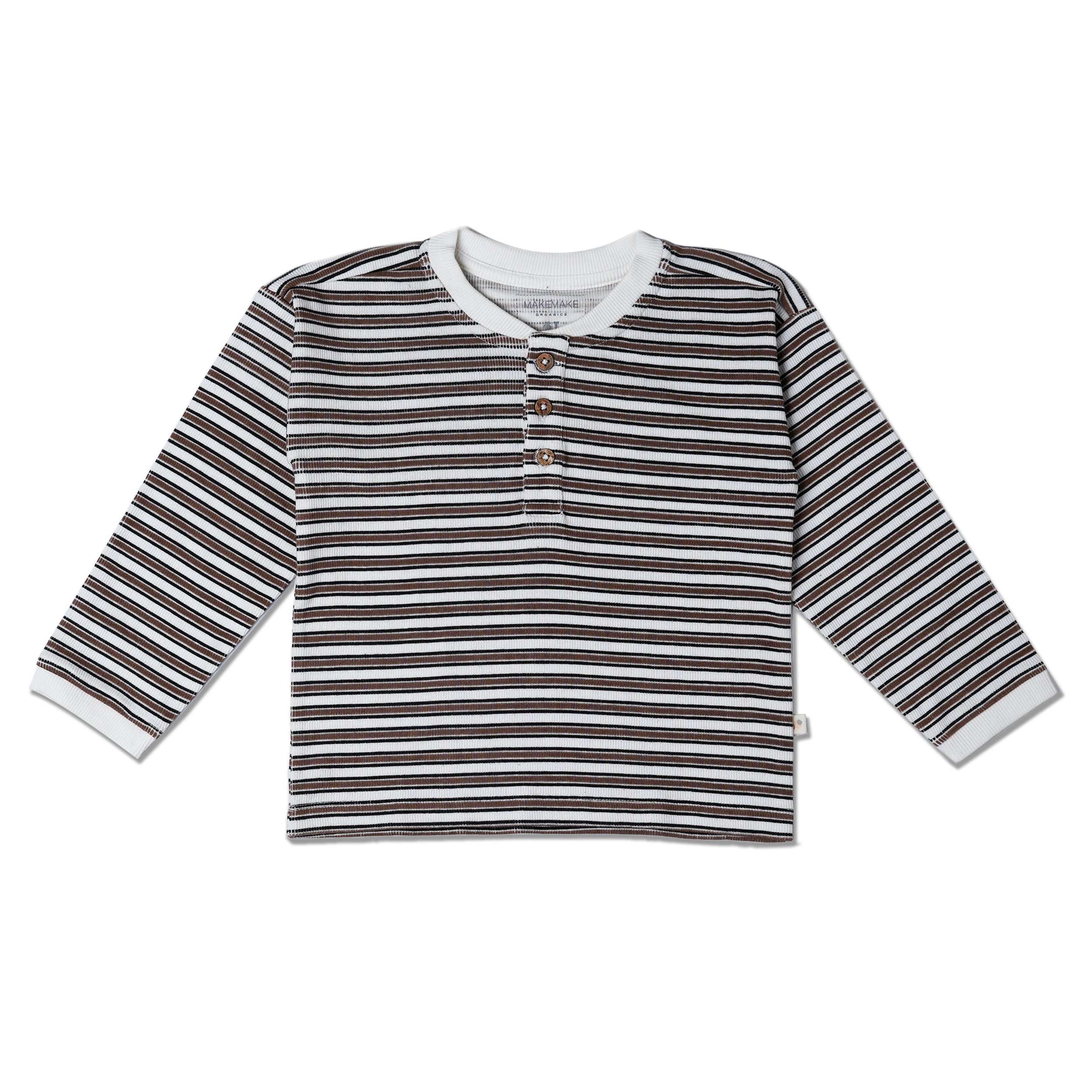 Organic Henley Tee - Brown Stripe - Makemake Organics