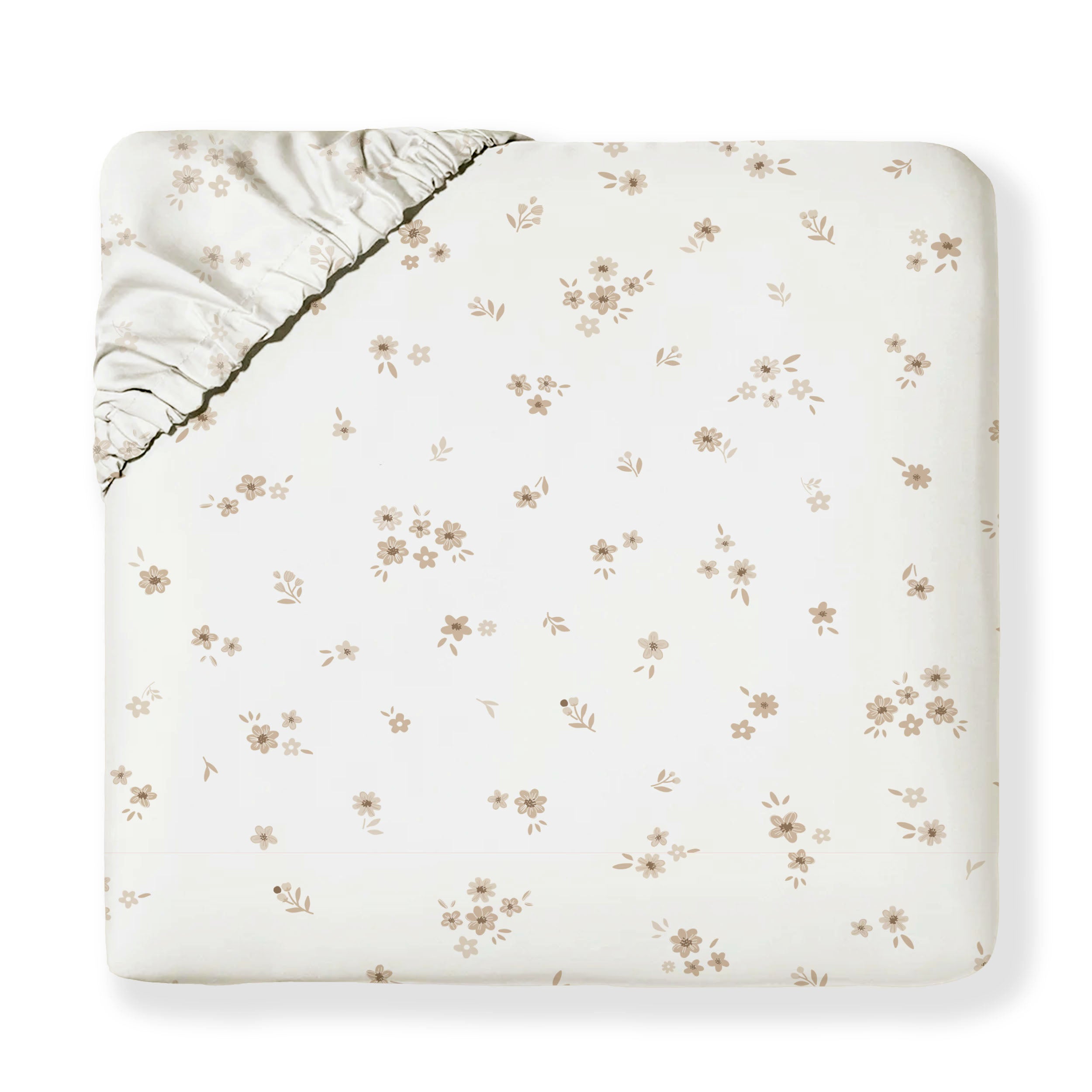 A square-shaped, plush mattress topper with a cream color and a delicate brown floral pattern, featuring a folded corner revealing a light green underside. - Makemake Organics's Bloom Organic Cotton Fitted Sheet Set.