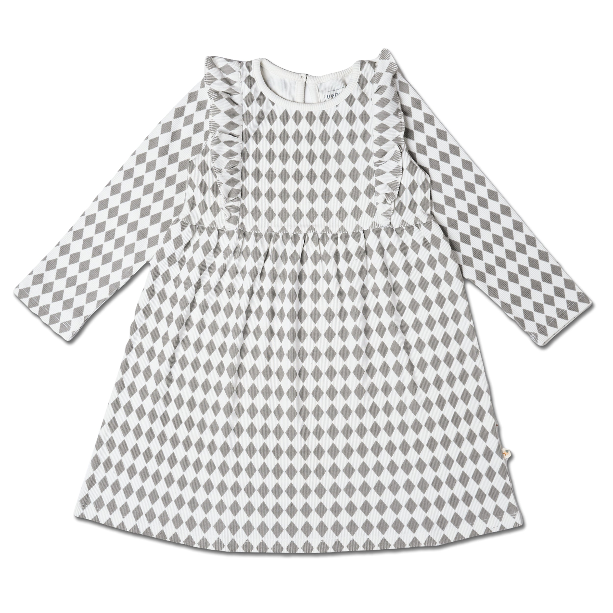Organic Long Sleeve Ruffle Dress - Harlequin - Makemake Organics