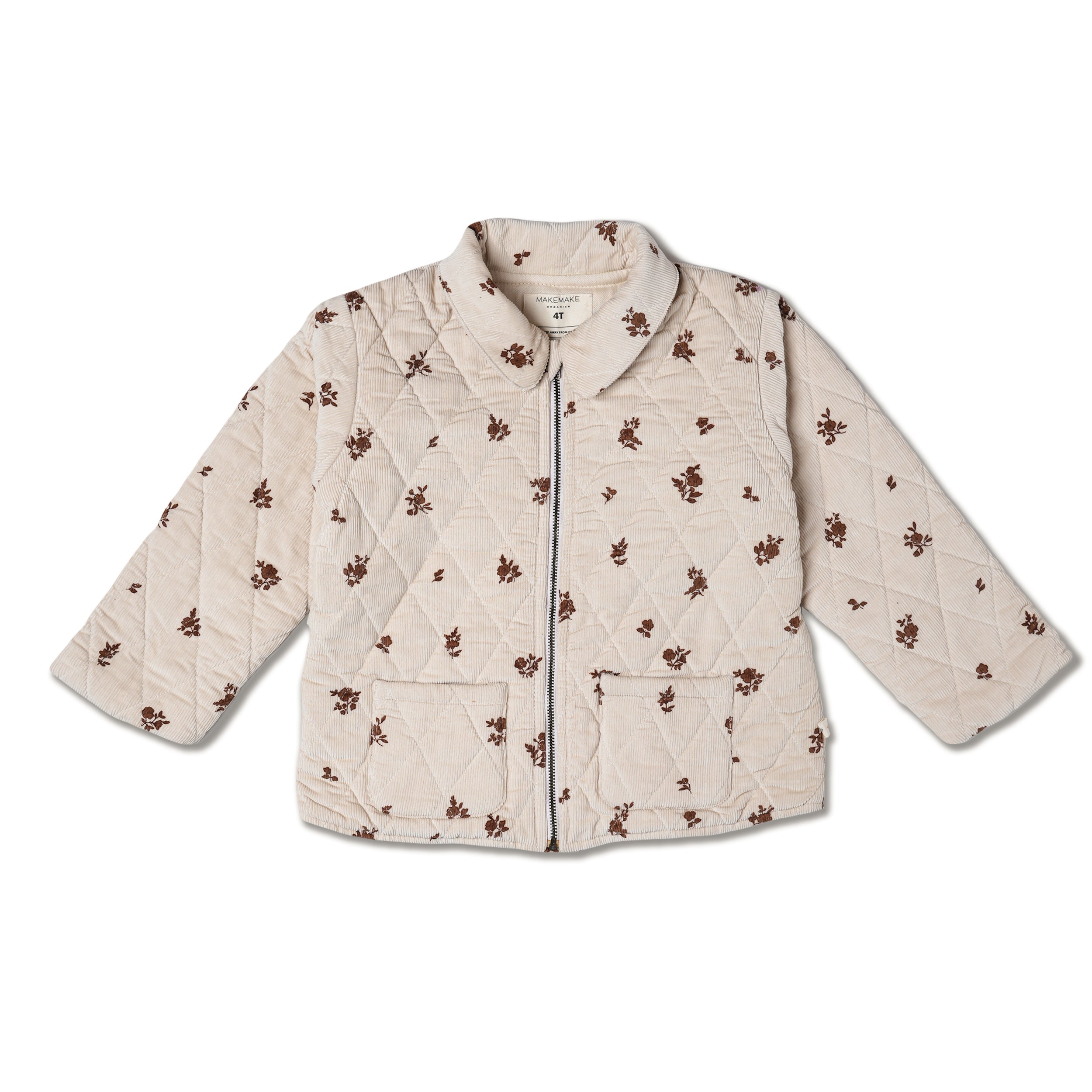 Organic Quilted Corduroy Zipper Jacket - Brown Floral - Makemake Organics